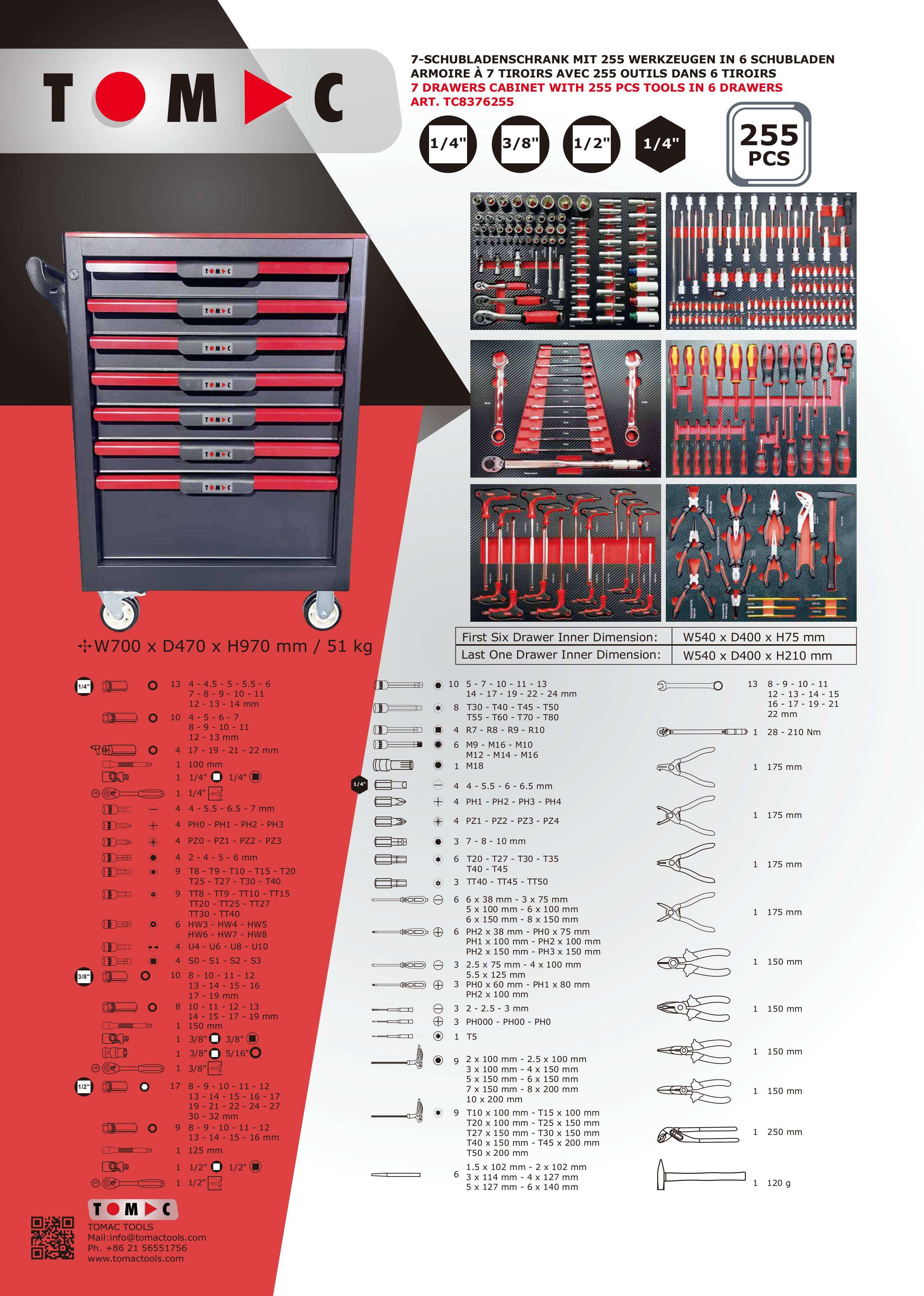 TC8376255 7 Drawers Cabinet with 255pcs tools in 6 drawers factory