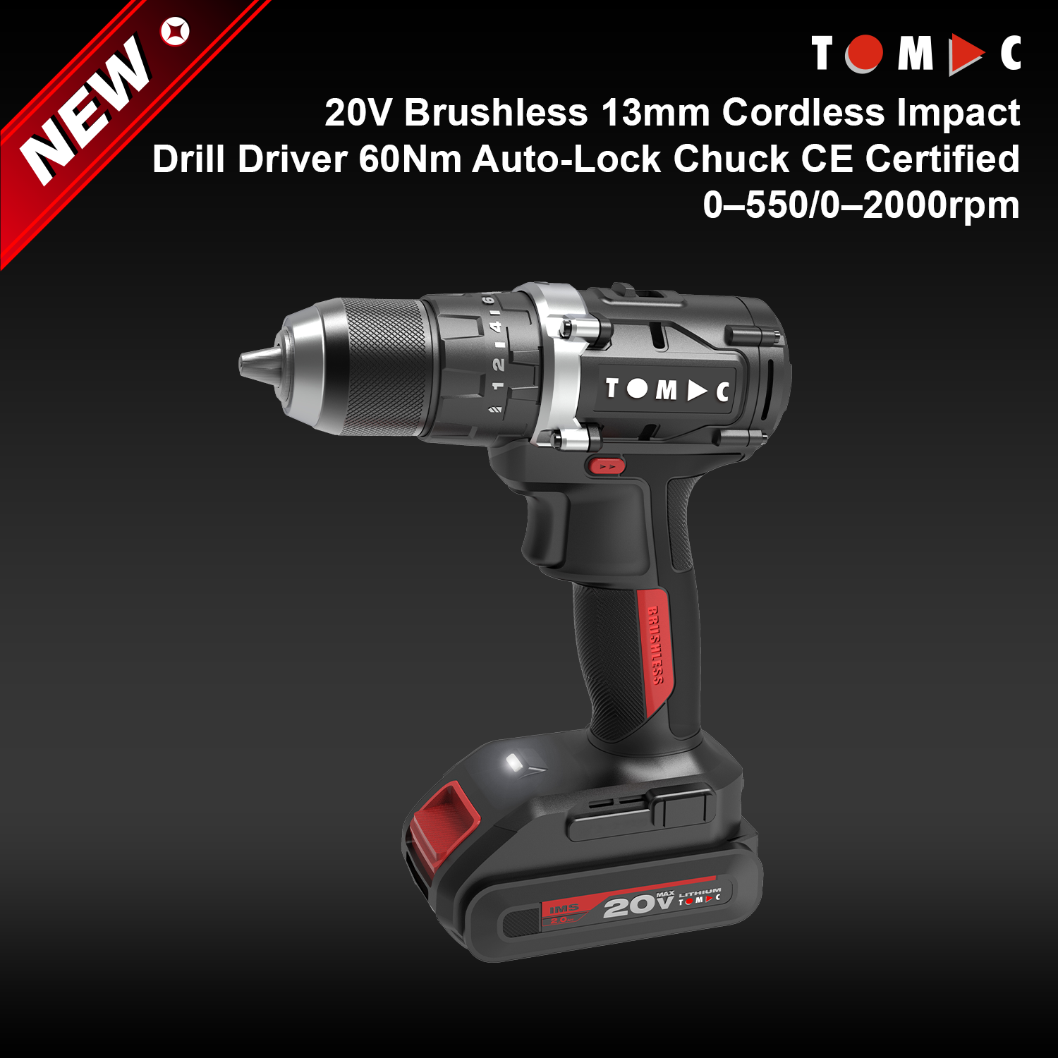 مثقاب كهربائي ومحرك دوران تأثيري لاسلكي توماك طراز TC114260D، بجهد 20 فولت، بدون فرشاة كهربائية، مع قابض تلقائي الإغلاق بقطر 13 مم، عزم دوران أقصى 60 نيوتن.متر، معتمد وفق شهادة المطابقة الأوروبية (CE)