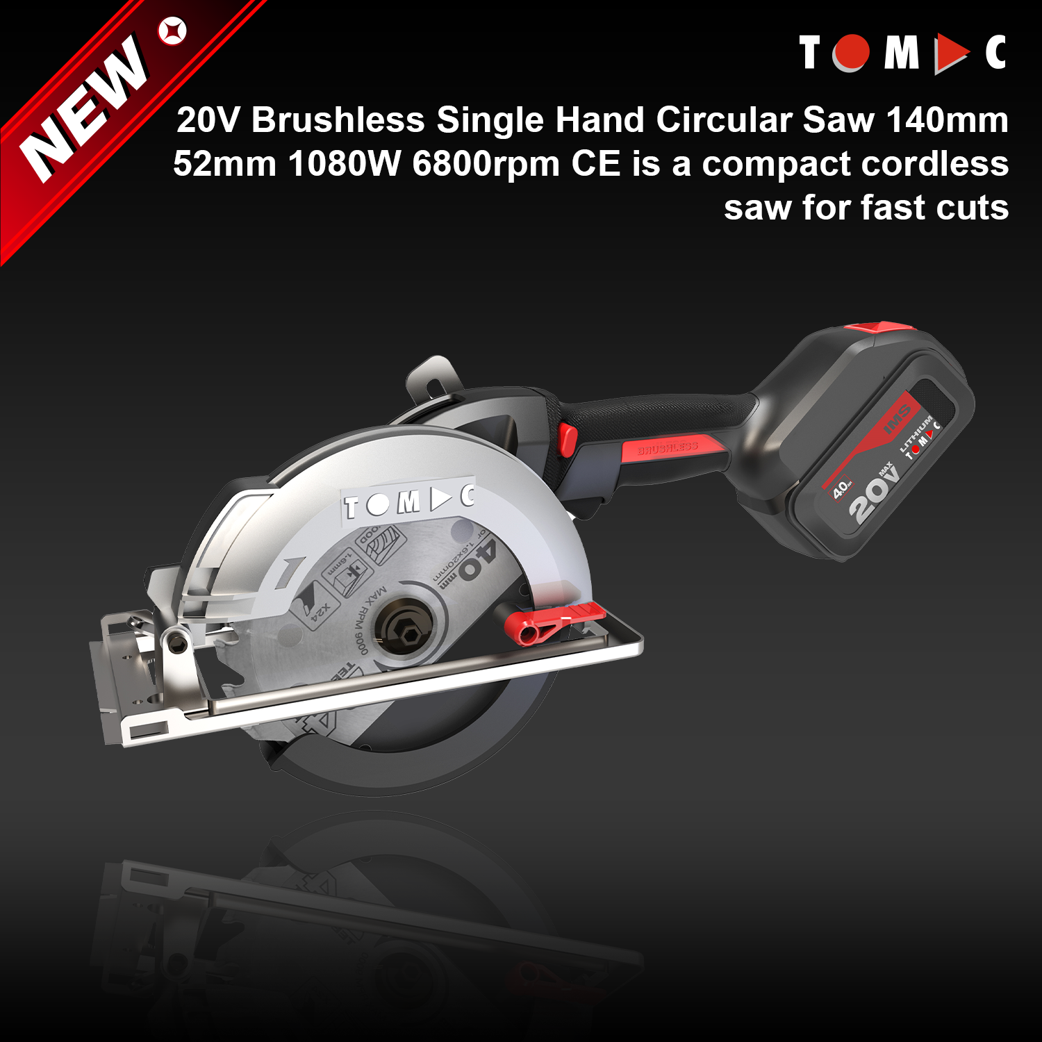 TC117252A TOMAC 20V Brushless Single Hand Circular Saw 140mm 52mm 1080W 6800rpm CE