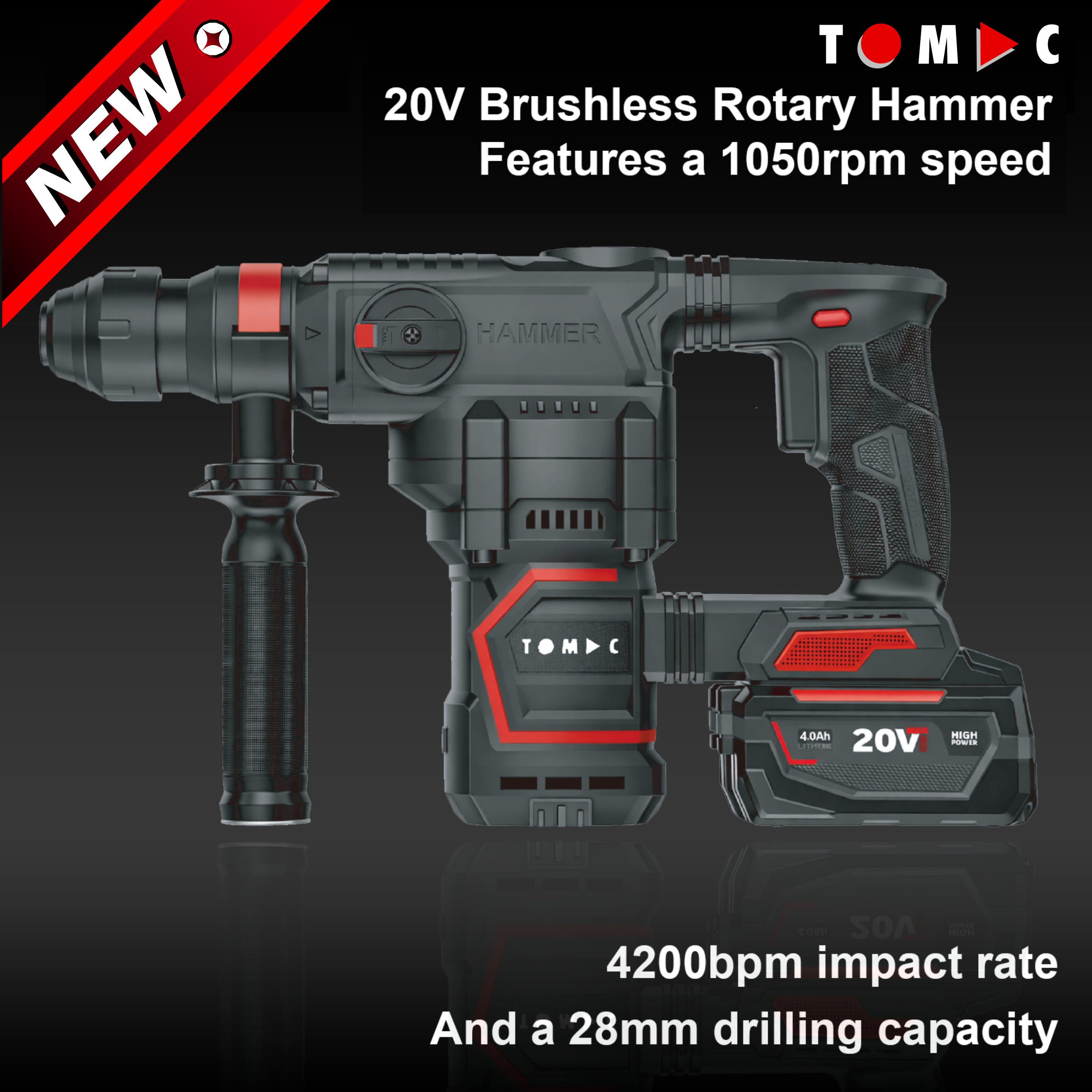TC116228 TOMAC 20V Brushless Cordless Rotary Hammer – 28mm Concrete Capacity, 4200bpm Impact Rate, 1050rpm, 4.0Ah/6.0Ah Battery, Heavy Duty Industrial SDS Kit with Auxiliary Handle,CE certified