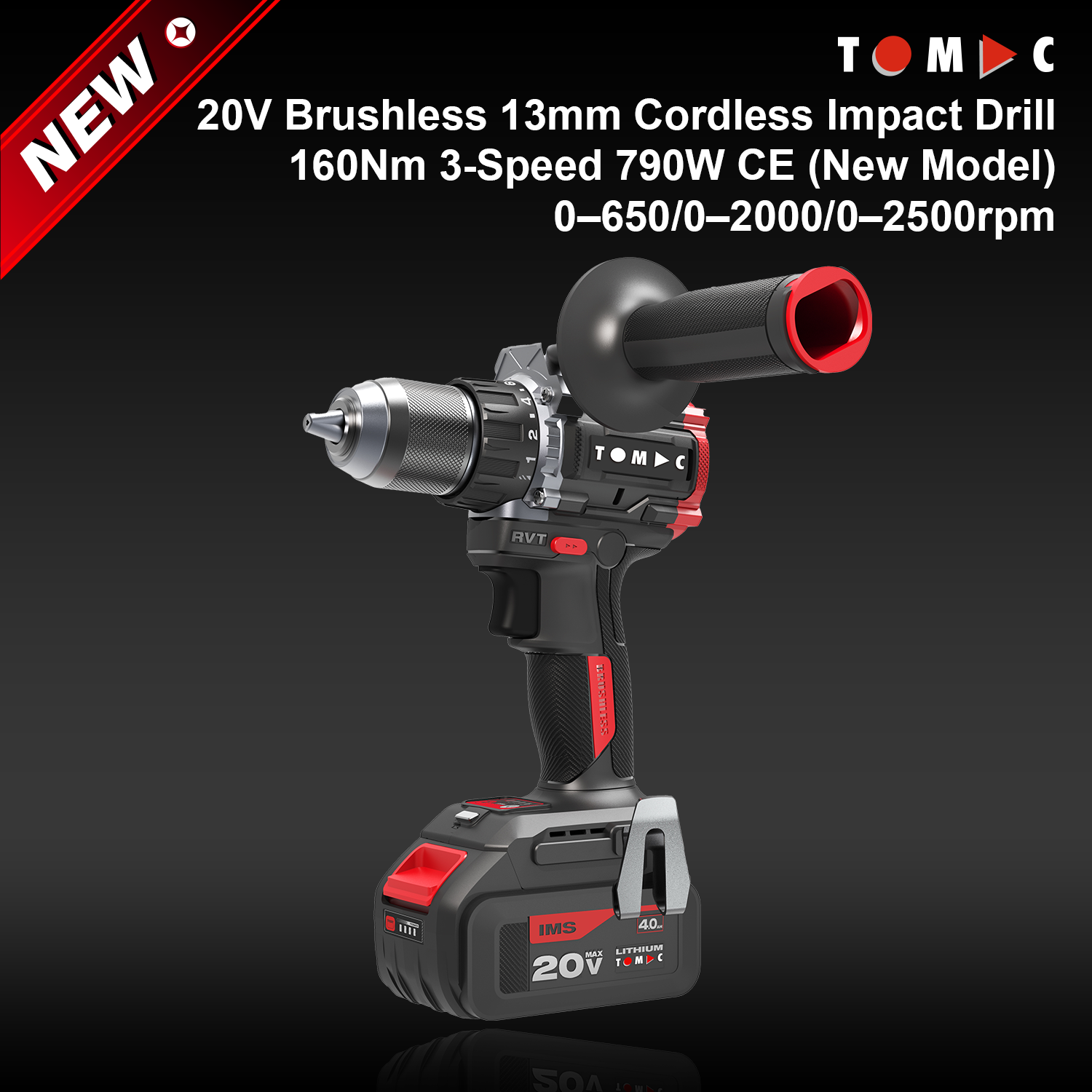 مثقاب تأثير لاسلكي بدون فرشاة من توماك، نموذج TC1142160A، بجهد ٢٠ فولت، قطر ١٣ مم، عزم دوران أقصى ١٦٠ نيوتن·متر، ثلاث سرعات، وقدرة اسمية ٧٩٠ واط، معتمد من الاتحاد الأوروبي (النموذج الجديد)