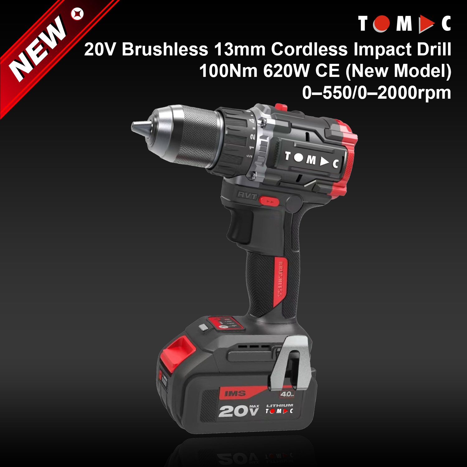 مثقاب تأثير لاسلكي بدون فرشاة من توماك، نموذج TC1142100B، بجهد ٢٠ فولت، قطر ١٣ مم، عزم دوران أقصى ١٠٠ نيوتن·متر، وقدرة اسمية ٦٢٠ واط، معتمد من الاتحاد الأوروبي (النموذج الجديد)