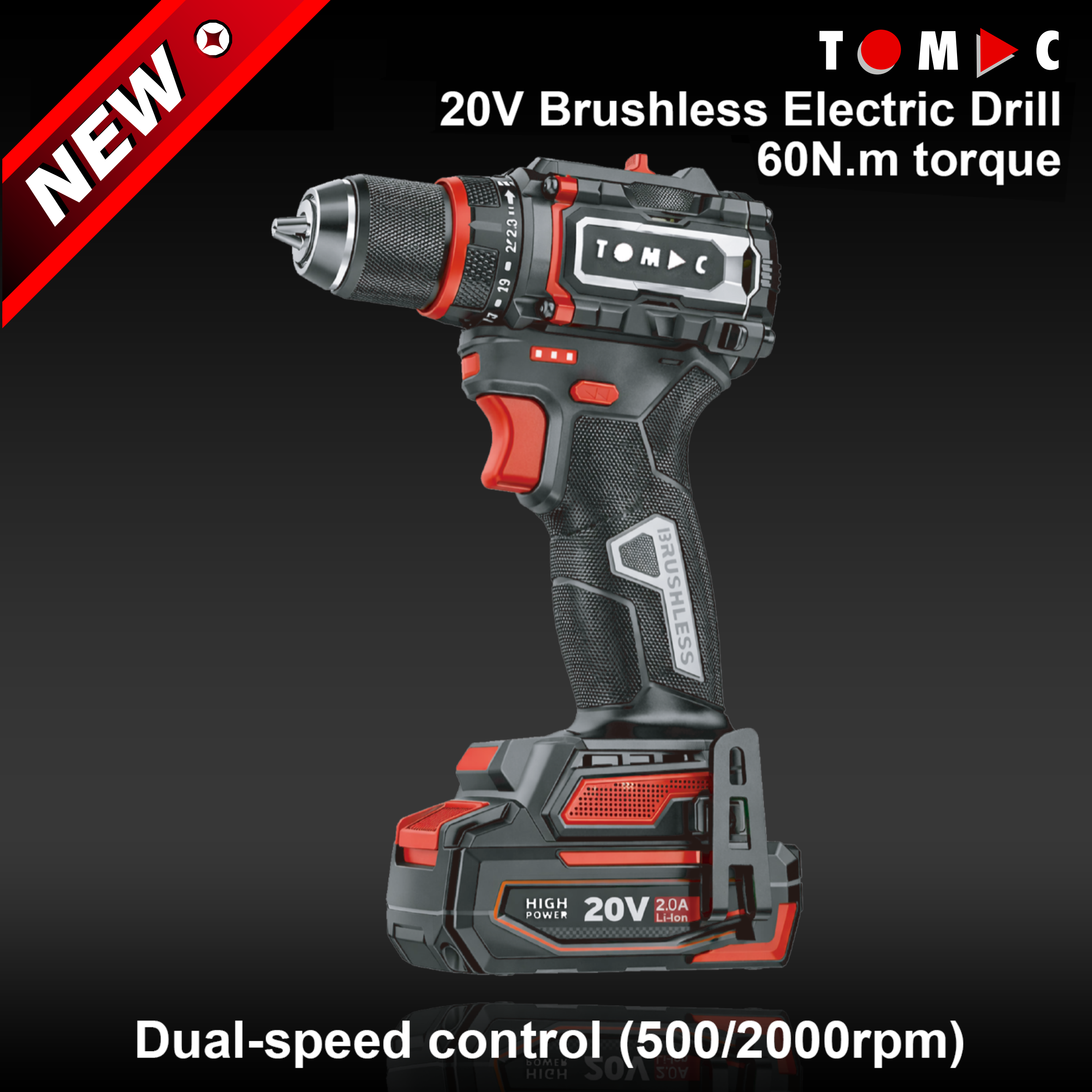 TC114260 TOMAC 20V Brushless Cordless Drill – 60N.m Torque, 2000rpm 2-Speed, 13mm Keyless Chuck, 2.0Ah Battery, Professional Power Tool for Construction, Includes Large Belt Hook, CE certified