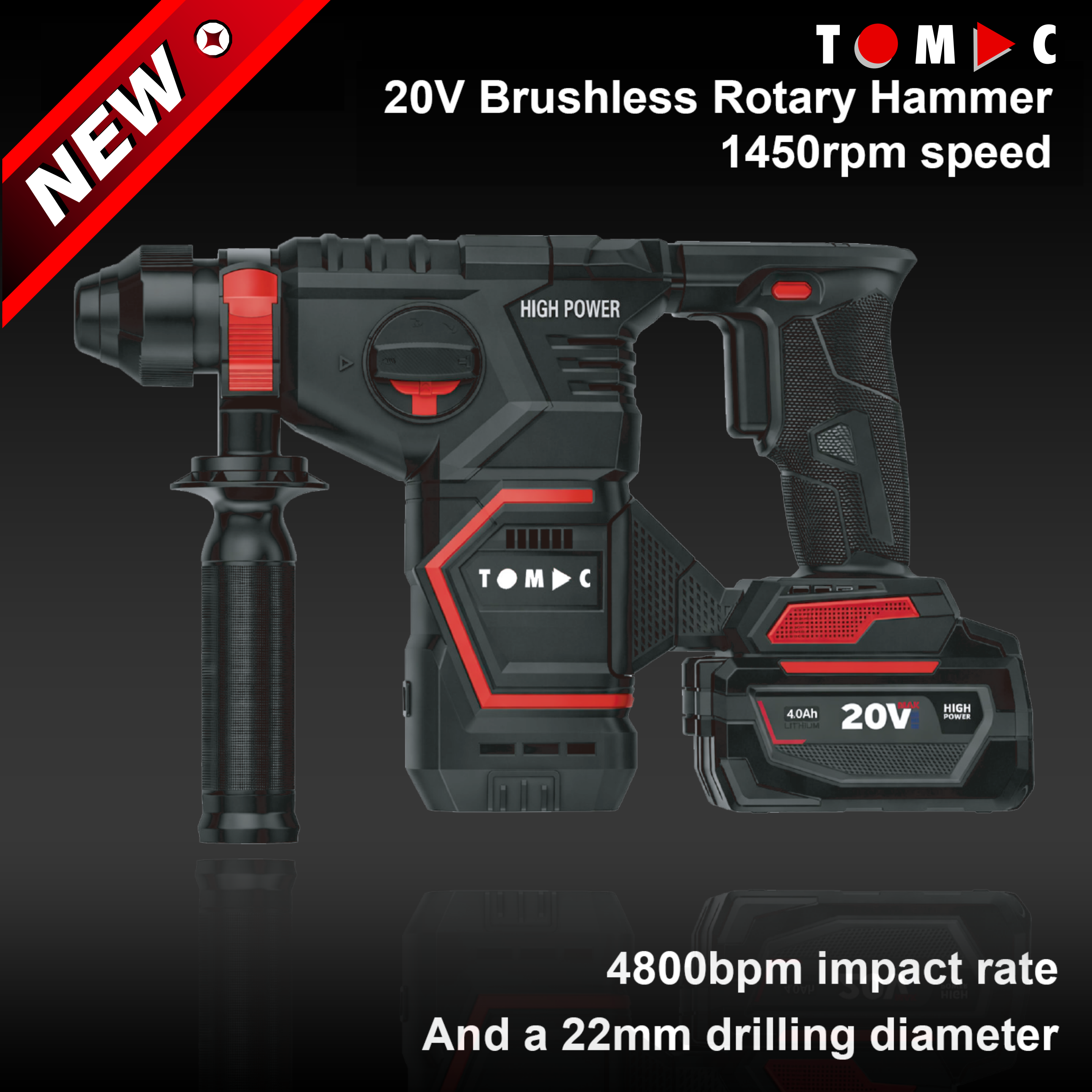 TC116222 TOMAC 20V Brushless Cordless Rotary Hammer – 22mm Concrete Capacity, 4800bpm Impact Rate, 1450rpm Speed, 4.0Ah/6.0Ah Battery, Professional SDS Drill with Auxiliary Handle,CE certified