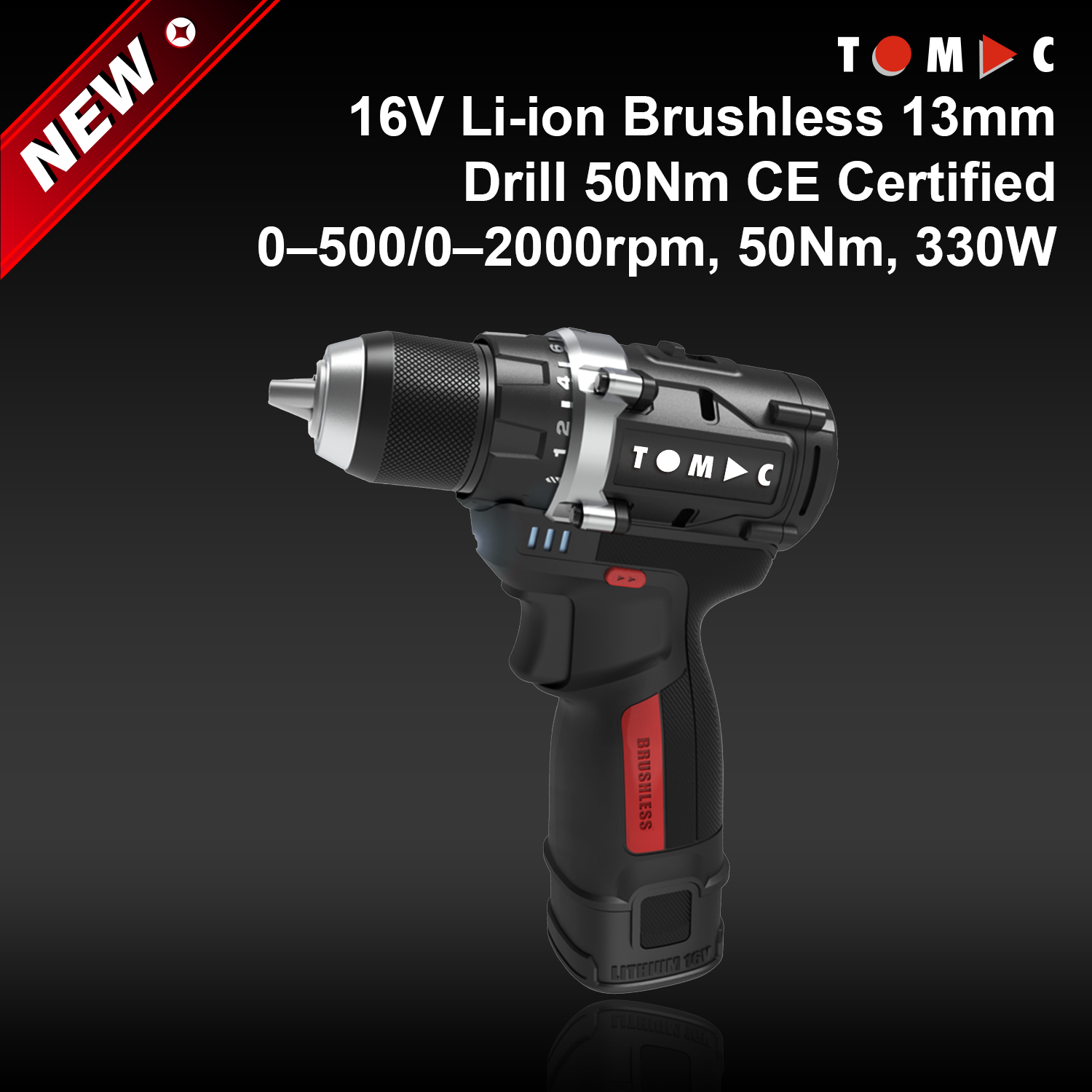 TC114250C TOMAC 16 V Li-ion senza spazzole, trapano da 13 mm, 50 Nm, certificato CE