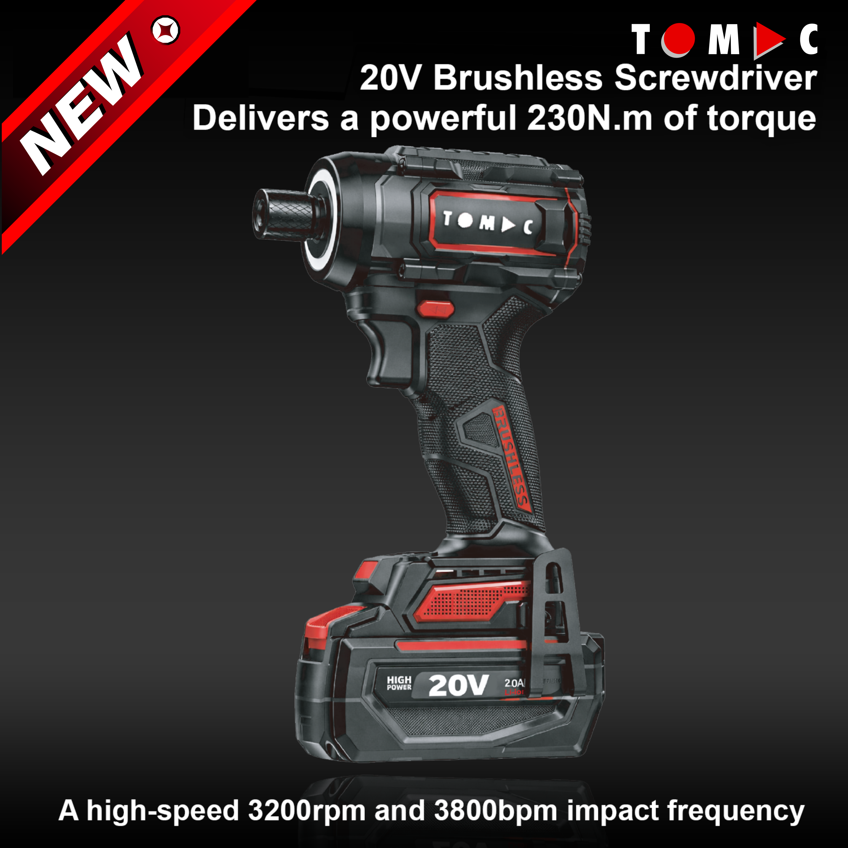 TC1152230 TOMAC 20V Brushless Cordless Screwdriver – 230N.m High Torque, 3200rpm Speed, 3800bpm Impact Rate, 2.0/4.0Ah Battery, Professional Grade for Heavy Duty Fastening, Includes Large Hook, CE certified