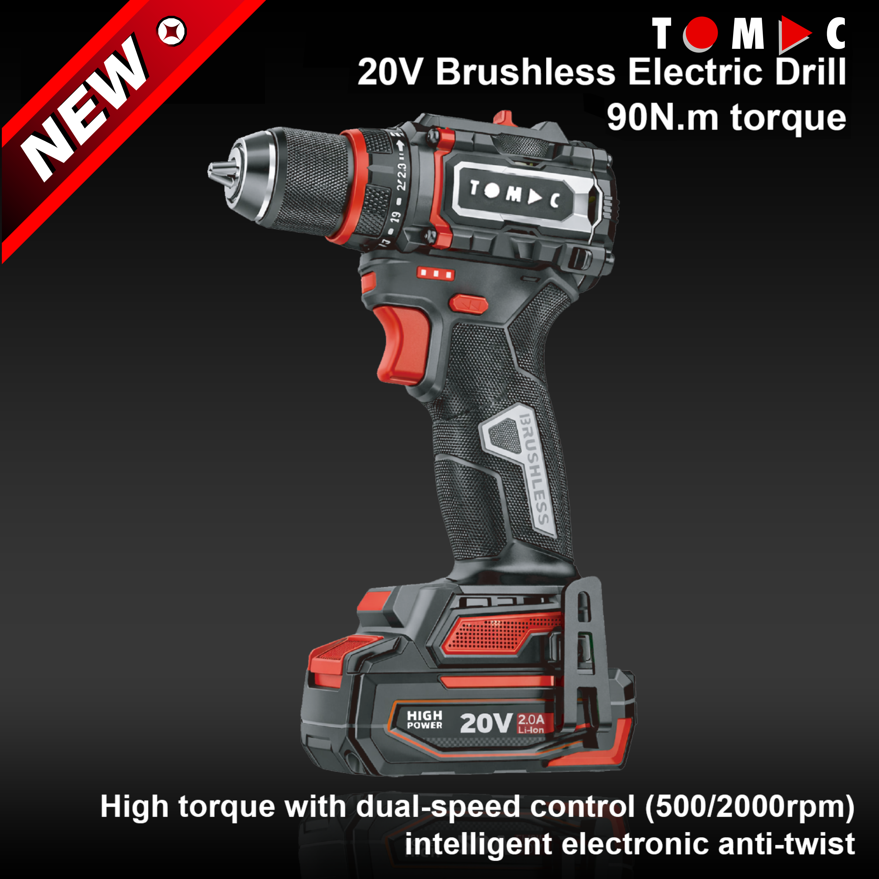 TC114290 TOMAC 20V Brushless Cordless Drill – 90N.m Torque, Gyroscopic Electronic Anti-Twist Safety, 2000rpm, 13mm Chuck, 2.0/4.0Ah Battery, Industrial Grade for Heavy Duty Work, CE certified