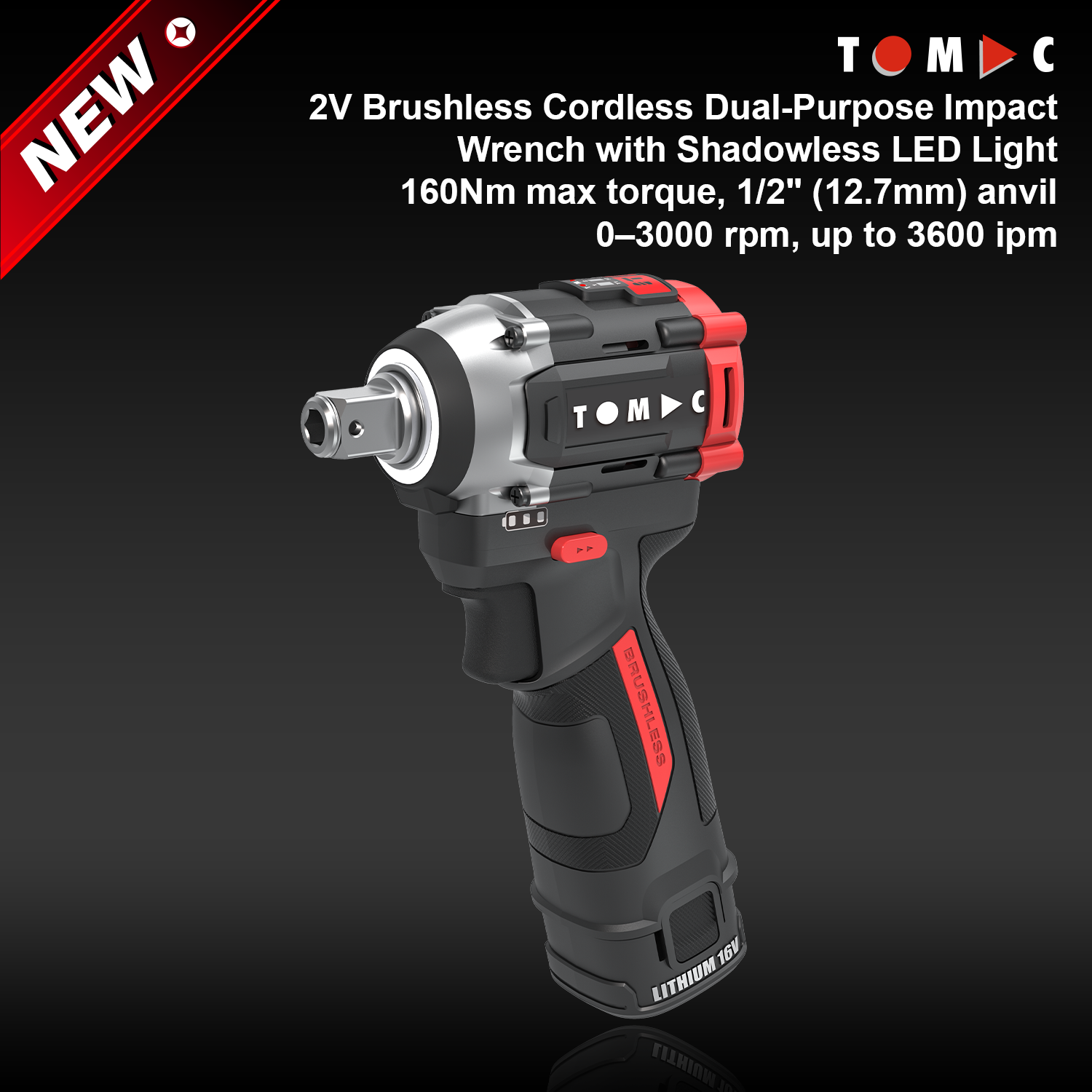TC1122160C TOMAC Chiave a percussione senza filo brushless da 12 V, 160 Nm, incudine da 1/2