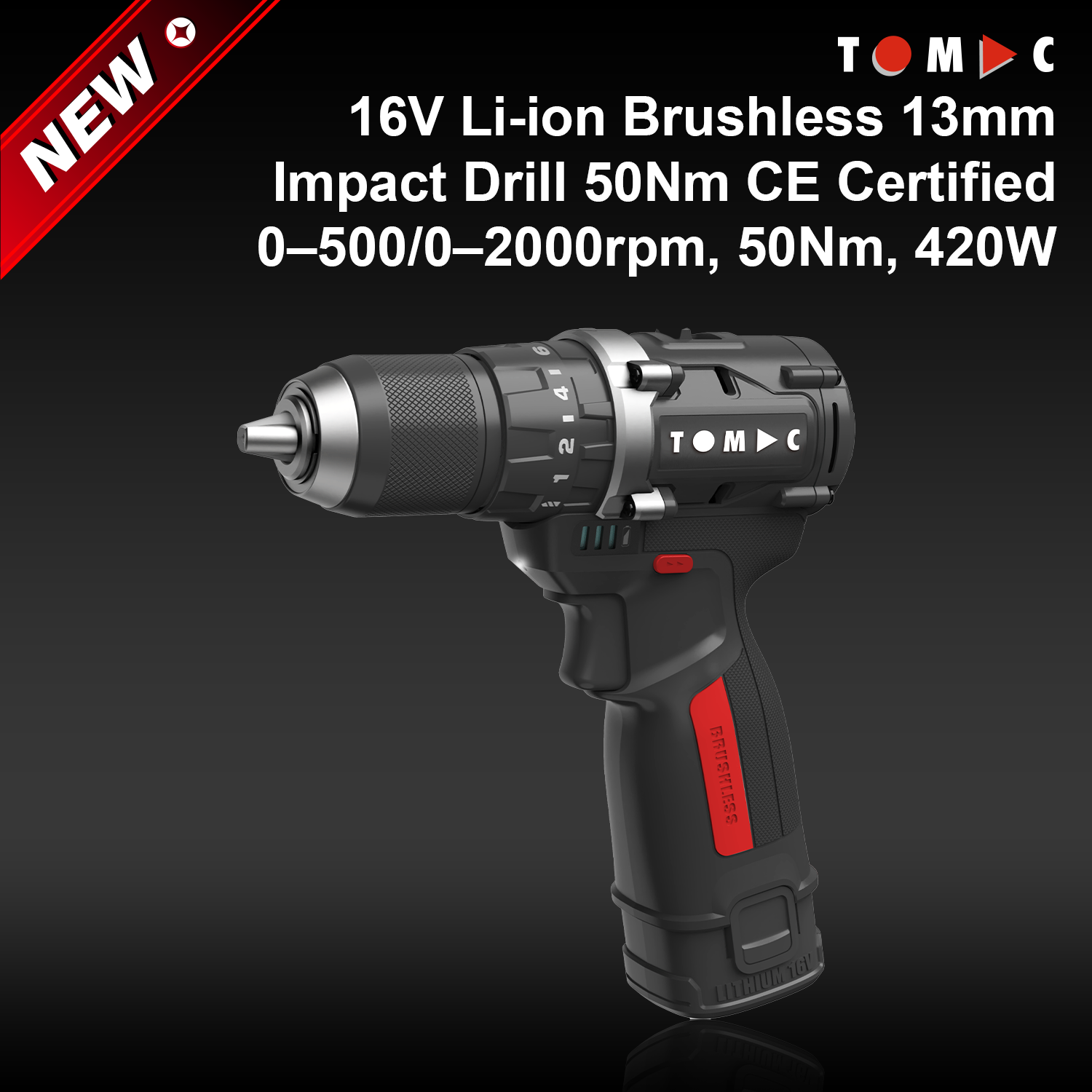 TC114250D TOMAC 16 V Li-ion senza spazzole, trapano a percussione da 13 mm, 50 Nm, certificato CE