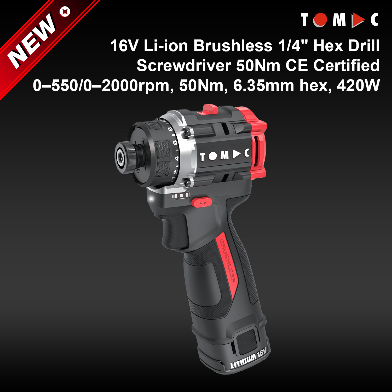 TC115250A TOMAC, avvitatore-trapano a batteria da 16 V con tecnologia Li-ion e motore senza spazzole, mandrino esagonale da 1/4