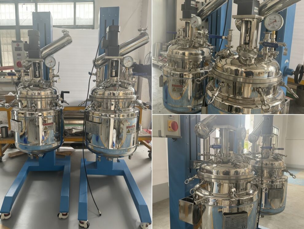 জাপানে প্রেরিত ম্যানুয়াল লিফটিং ঢাকনা এবং ঘূর্ণনশীল পাত্র সহ দুটি সেট 50L স্টেইনলেস স্টিল রিঅ্যাক্টর