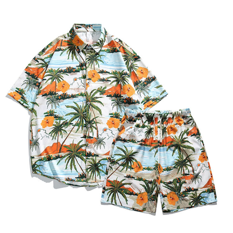 90 Men's Beachwear Set with Short Sleeve Hawaiian Shirt and Matching Surf Shorts 100% Polyester Quick Dry Fabric Vibrant All Over Tropical Print Perfect for Vacations Resorts and Family Matching Outfits