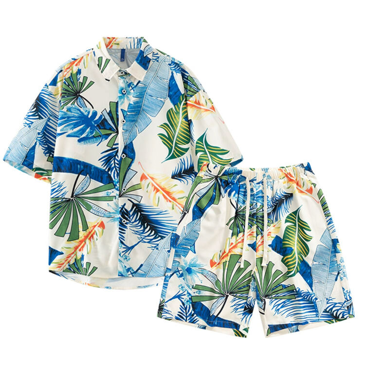 91 Custom Sublimation Beachwear Combo for Kids and Adults Includes Printed Aloha Shirt and Stretch Beach Shorts Soft Lightweight Fabric with UV Resistant Protection Ideal for Summer Travel and Group Vacation Looks