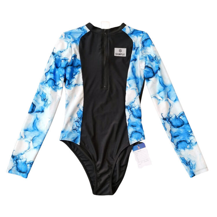 92 dames langærmet éndelset badedrakt med UV-beskyttelse UPF 50+, glatt sittende badedrakt i livlige tropiske mønstre, perfekt for strandferier, bassengdager og vannaktiviteter