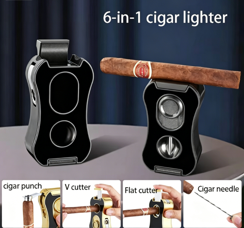 Accendino per sigari e sigarette DB-290 a 4 getti di fiamma, 6-in-1, multifunzione, con doppio tagliasigari e perforatore, antivento, ricaricabile, portatile, per uso all'aperto