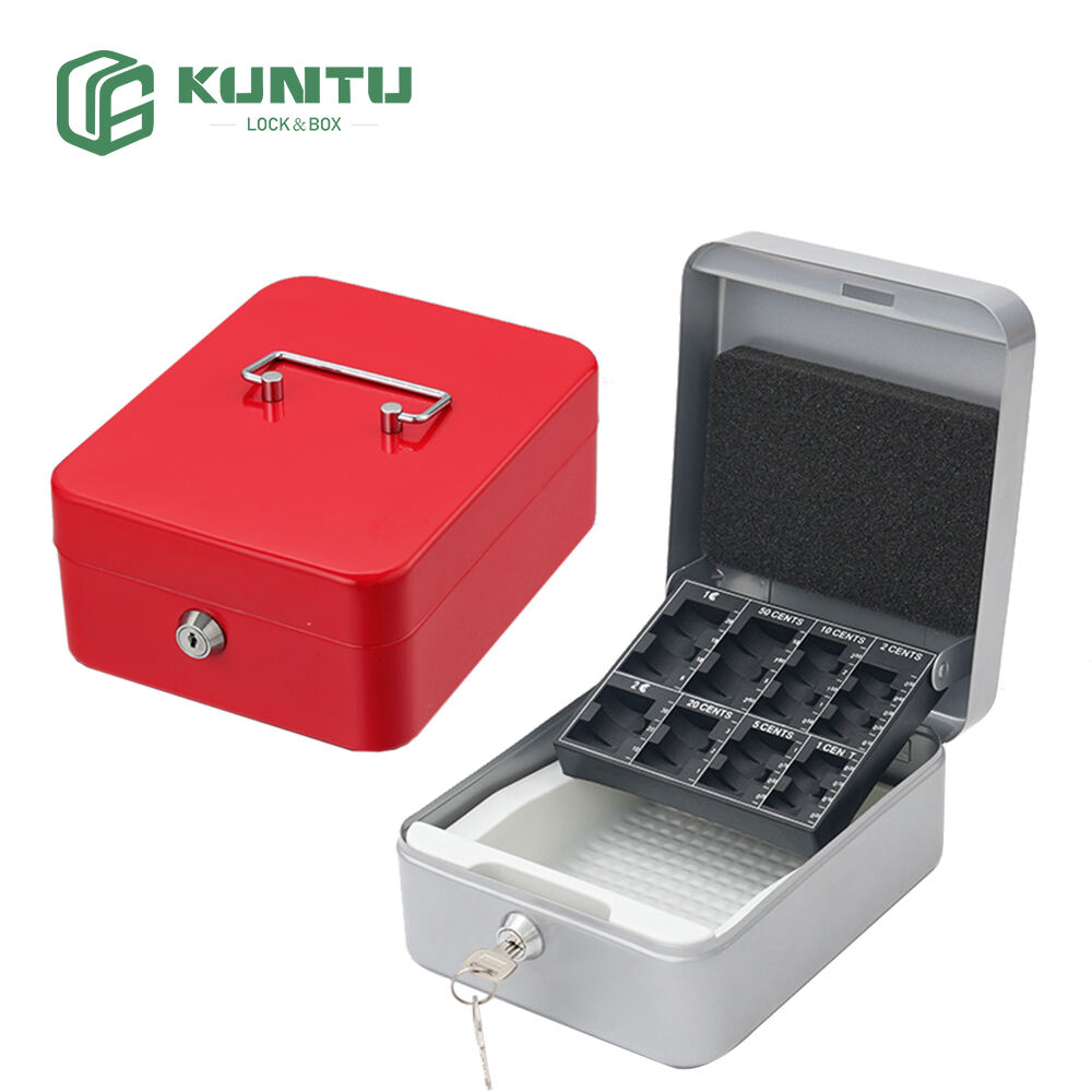 Metal Cash box with Tray and Euro/Us Coin Plate Money Storage Lock Box