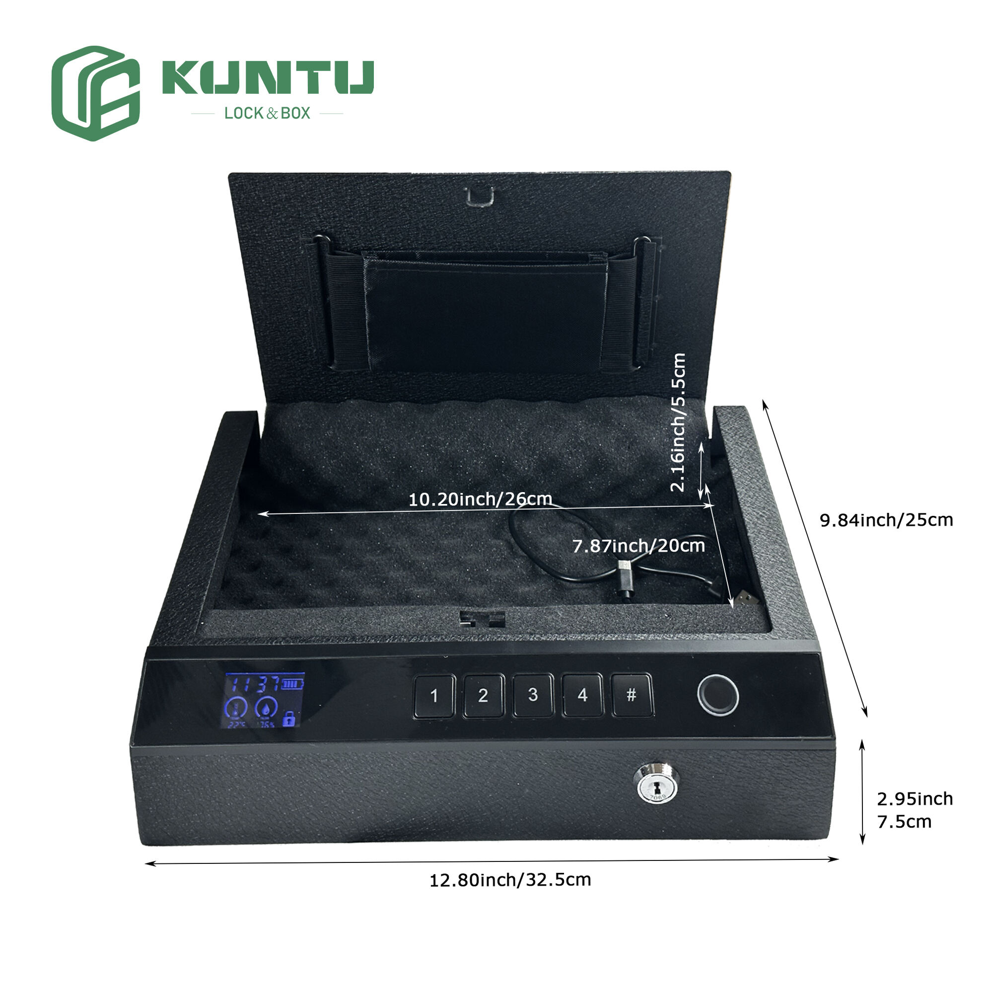 Gun Safe with LCD Display of Temp,Humidity,Pistol Safe with Biometric Fingerprint,Keypad Lock,Key,Biometric Handgun Safe for Trav-el/Home/Car/Nightstand Beside (Black)