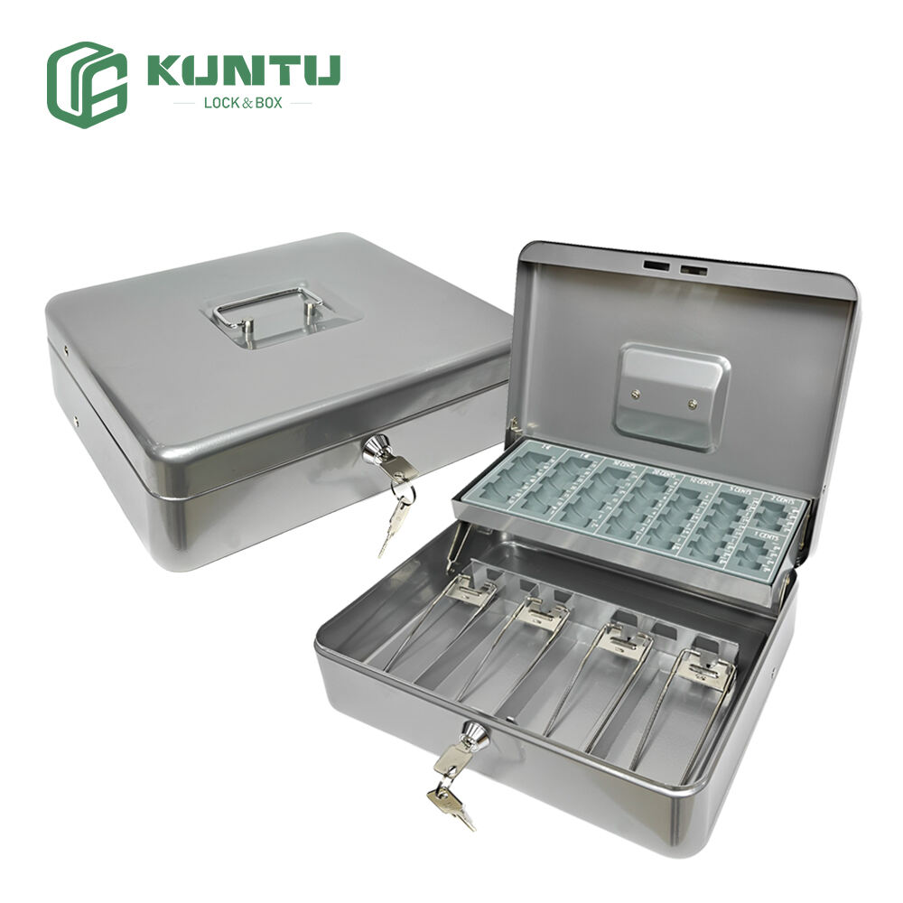 Portable Metal Locking Money Cash box with Tray and Euro/Us Coin Plate Cash Coin Organizer