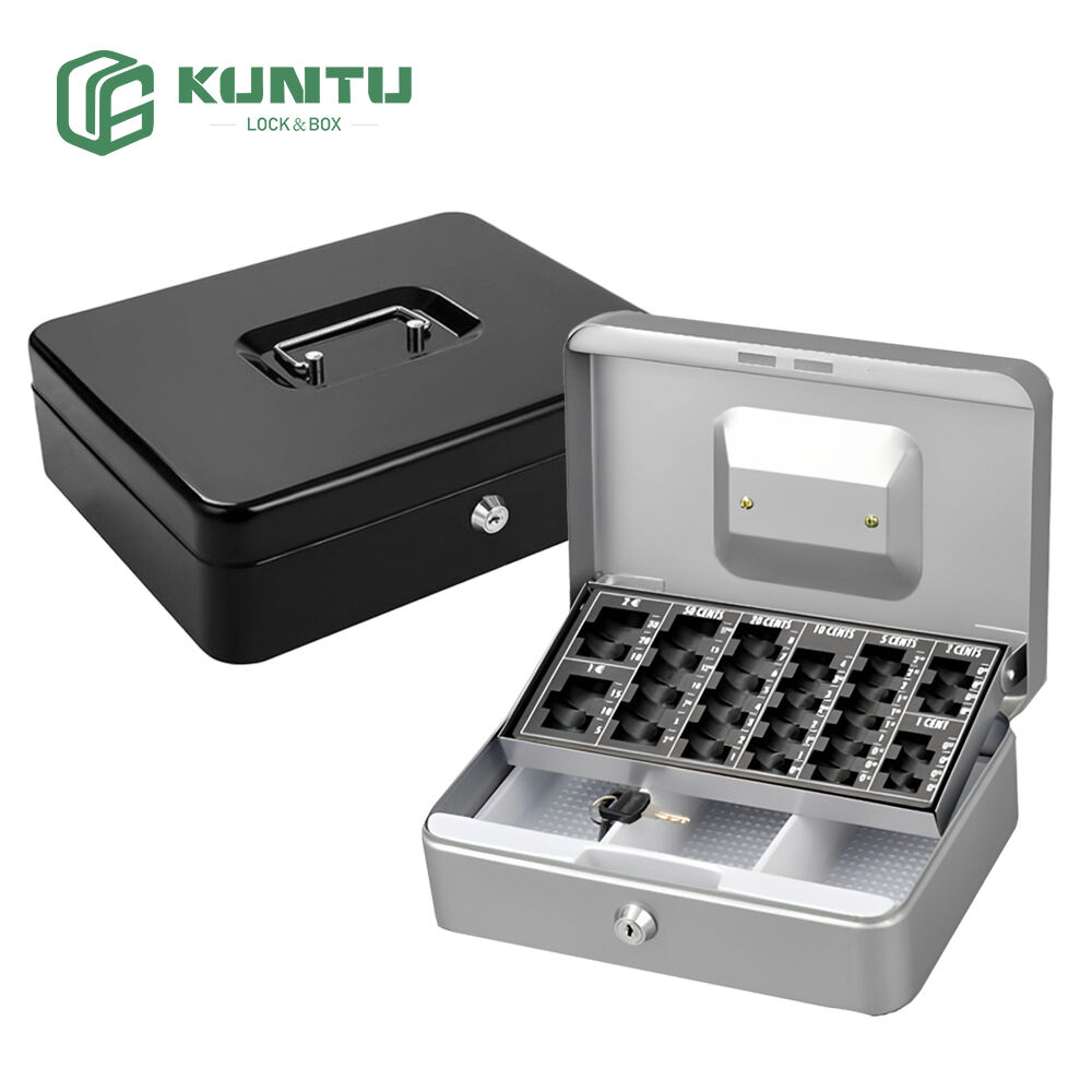 Portable Metal Locking Money Cash box with Tray and Euro/Us Coin Plate Cash Coin Organizer