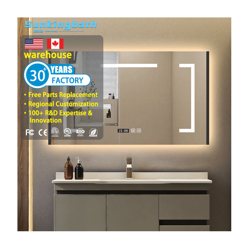 Firkantet LED-belyst speil til bad, med baggrunnsbelysning