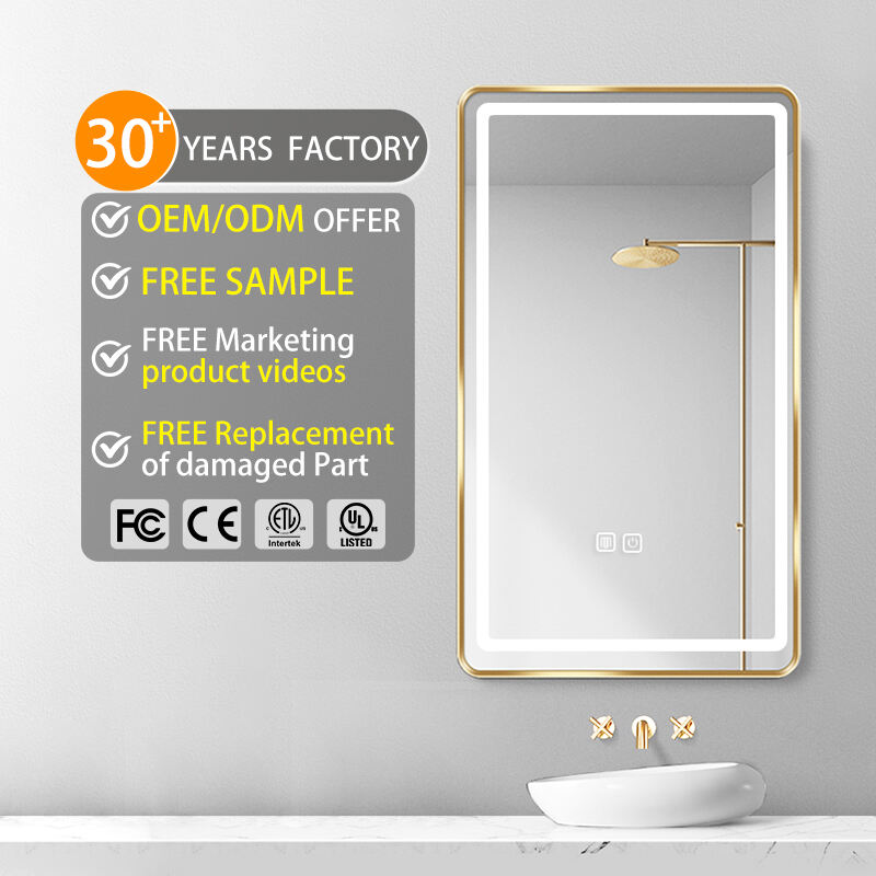 Support Customization Rectangle Smart Gold Frame Touch Screen Light Led Defogger Copper Free Silver Bathroom Mirror