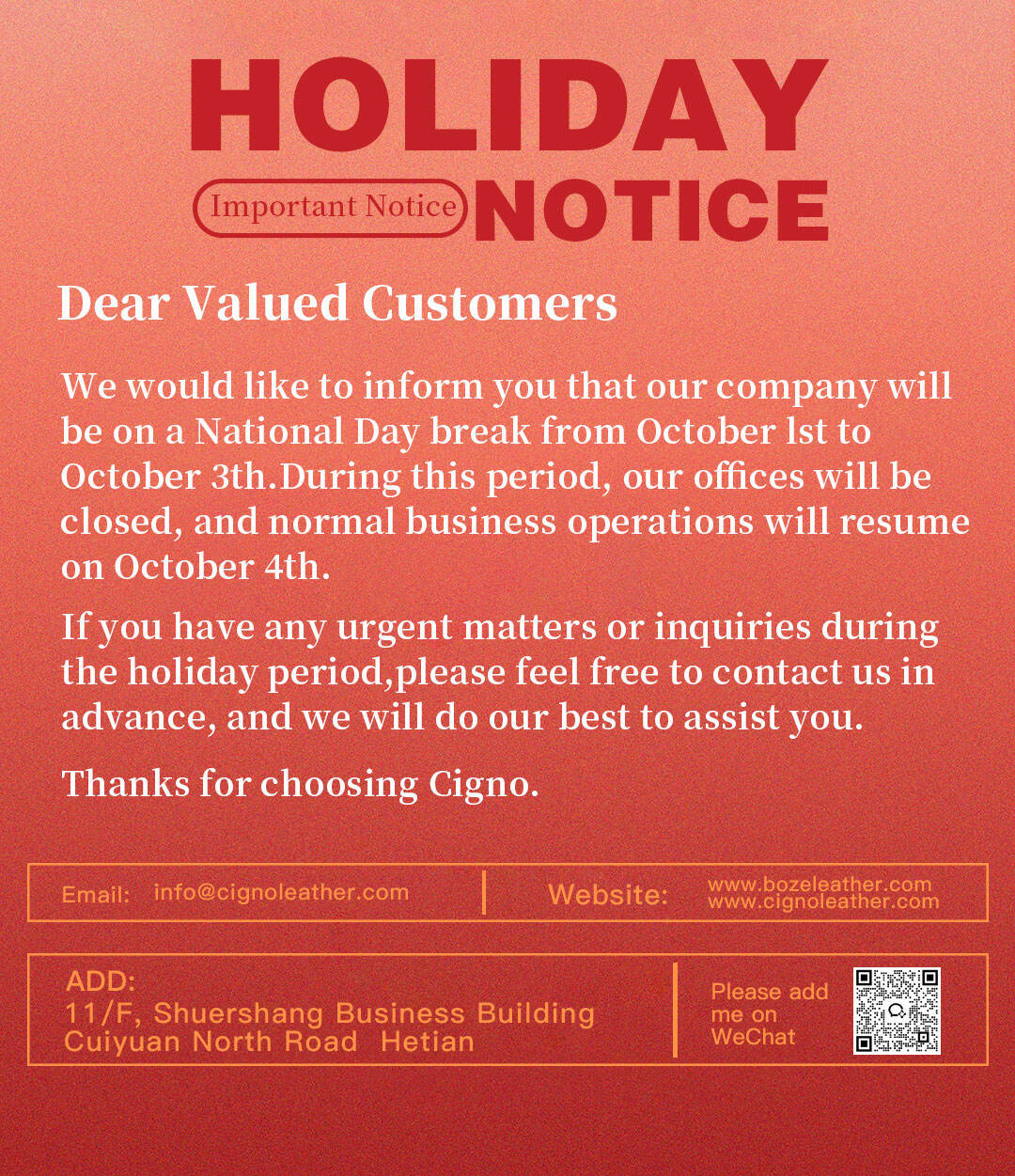 Cigno leather National Holiday Notice