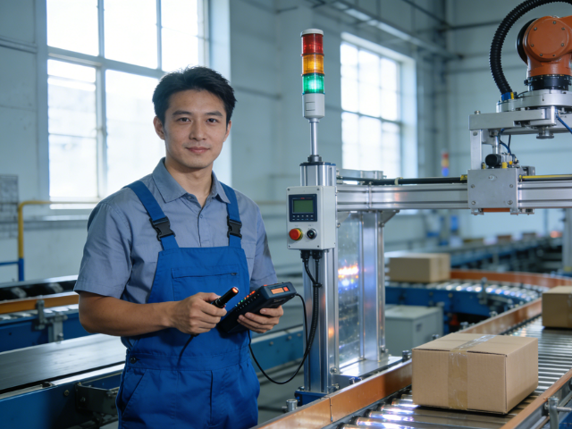 It shows an engineer operating the intelligent sorting and conveying equipment, reflecting the intelligent collaborative management and control in the solution and the service guarantee of the exclusive operation and maintenance team, highlighting the efficient cooperation between humans and intelligent equipment.