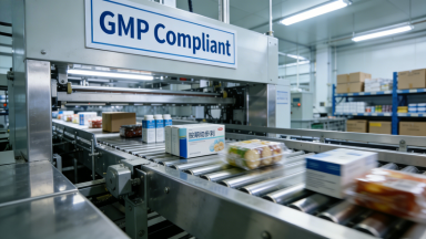 It presents a GMP-compliant clean warehouse, featuring an anti-static clean floor, smooth walls without dead corners, and a purification air supply device on the top. The core clean-grade cross-belt sorter (food-grade stainless steel material) has medicines and food with batch/expiry date labels neatly placed on the sorting belt. An ultraviolet disinfection device is installed on the side, and the terminal slots are divided by expiry date and batch with dust-proof doors. The electronic screen on the right displays "Error rate 0.008%" and "Compliance met", highlighting the clean and precise characteristics.