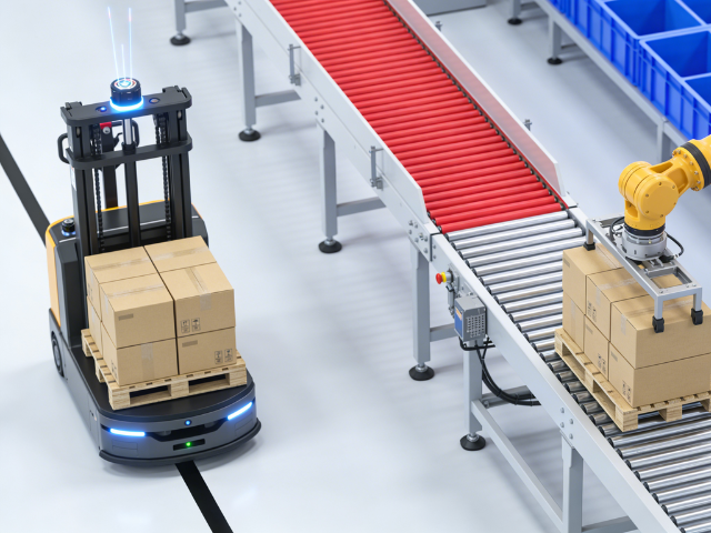 Collaborative Operation of AGV Forklift Robot, Conveyor, and Robotic Arm This image visually presents the coordinated work of an AGV forklift robot, conveyor, and industrial robotic arm, perfectly aligning with the "Cross-system Collaborative Interaction" technological innovation highlighted in the article: The AGV forklift robot is responsible for transporting goods from the storage area to the conveyor line. The conveyor receives and transfers the goods. The robotic arm accurately sorts the goods into the corresponding slots. Their collaboration enables closed-loop automation of the entire "conveyance-sorting-warehousing" process, reflecting the core value of AGV forklift robots as a collaborative partner for conveyors and automatic sorting systems.