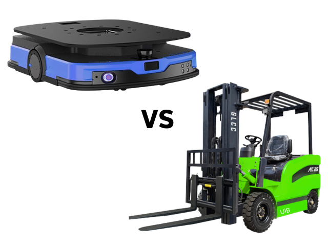 This is a direct product comparison graphic. On the left is a blue-and-black AGV latent transport robot, featuring a flat, compact design with built-in visual and navigation sensors. On the right is a bright green traditional fuel-powered forklift, complete with a driver's cabin, steering wheel, and heavy-duty forks. The bold "VS" in the center highlights the stark differences in form factor and the generational technological gap between the two, making it ideal for emphasizing the AGV forklift robot's advantages in automation and space utilization.