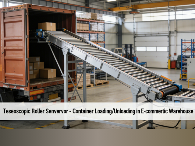 A real-shot image of the telescopic roller conveyor docking with containers for operation in an e-commerce warehouse workshop. The equipment length extends flexibly to precisely match container dimensions, clearly demonstrating the core advantages of no fixed installation and quick connection, and directly showing the efficient loading and unloading process.