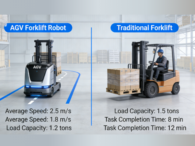 Performance Comparison Between AGV Forklift Robot and Traditional Forklift This comparison directly corresponds to the "Core Advantages Compared with Traditional Forklifts" section in the article, using data to visually demonstrate the efficiency advantages of AGV forklift robots: Efficiency Comparison: The AGV forklift robot has an average speed of 2.5m/s with shorter task completion times; the traditional forklift has an average speed of 1.8m/s with longer task durations, confirming the core conclusion that "AGV forklift robots boost efficiency by 60%". Operation Mode: The AGV requires no manual operation and can run 24/7, while the traditional forklift relies on human drivers and is subject to work schedules, highlighting the AGV's advantages in cost reduction and efficiency improvement. Data-driven Management: The AGV can upload operational data in real time to support path optimization, whereas the traditional forklift relies on manual record-keeping, demonstrating the AGV's strengths in refined management.