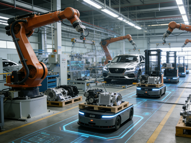 This image showcases a highly automated automotive manufacturing workshop. In the foreground, an AGV transport robot is carrying an automotive engine assembly, moving smoothly along the blue laser-guided navigation path on the floor. In the background, multiple orange industrial robotic arms work in synergy, while an AGV forklift in the distance transfers materials to support the production line, with a vehicle awaiting assembly parked nearby. The entire scene exudes a strong sense of technology, clearly demonstrating the unmanned, highly collaborative operation of AGV equipment in a smart factory.