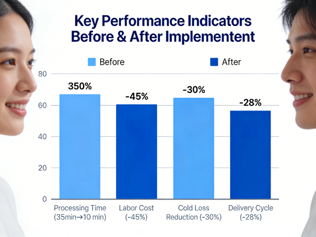  A bar chart comparing four core indicators before and after equipment application: single-box processing time reduced by 71.4%, labor cost cut by 45%, cold energy loss decreased by 30%, and delivery cycle shortened by 28%. The data is intuitive, highlighting the value of cost reduction and efficiency improvement.