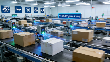  It shows the sorting area of a cross-border e-commerce bonded warehouse. Customs-supervised shelves in the background are stacked with goods with multilingual labels. The core multi-identification mode sorter integrates three identification devices (barcode, QR code, RFID), and diverts packages to multiple logistics lines such as "International Courier Channel A" after collecting package information. The central data terminal displays multilingual orders and logistics tracks, intuitively demonstrating the adaptability to cross-border multi-channel and multi-identification needs.