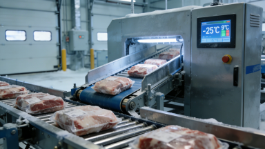 The focus is on a low-temperature cold chain warehouse. The cool-toned environment has anti-condensation coatings on the walls and floor. The core low-temperature resistant swing wheel sorter (thermal insulation layer + anti-slip swing wheels) conveys sealed boxes of fresh and frozen products. After being identified by the low-temperature scanning device on the top, the products are diverted to channels such as "-18℃ Freezing Zone" and "0-4℃ Refrigeration Zone". A temperature monitor in the corner shows -20℃, intuitively demonstrating stable operation under extreme low-temperature conditions.
