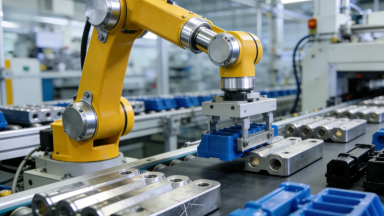 It displays the inter-process transfer area of an industrial workshop. Metal production equipment and semi-finished product shelves are placed around the gray industrial floor. A customized slider sorter (wear-resistant carbon steel material) in the center is suitable for sorting industrial parts. Parts with serial number marks are smoothly pushed to storage bins such as "Semi-finished Product Area" and "Assembly Area" after identification. A small data dashboard connected nearby displays real-time accuracy and efficiency, reflecting precise adaptation to the production rhythm.