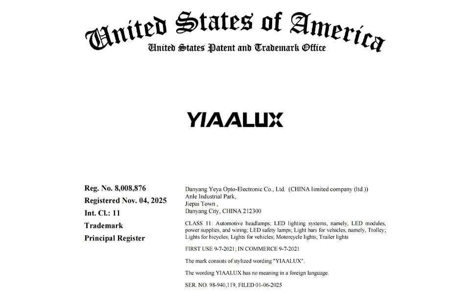 YIAALUX-USA Merek Dagang-11 Kelas-USTM320882--8008876-98940119