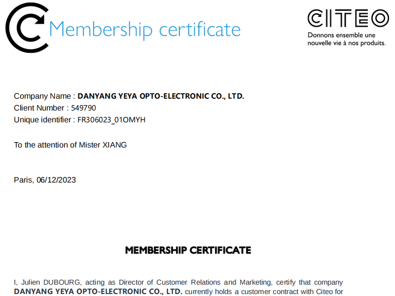 France Citeo Certificate