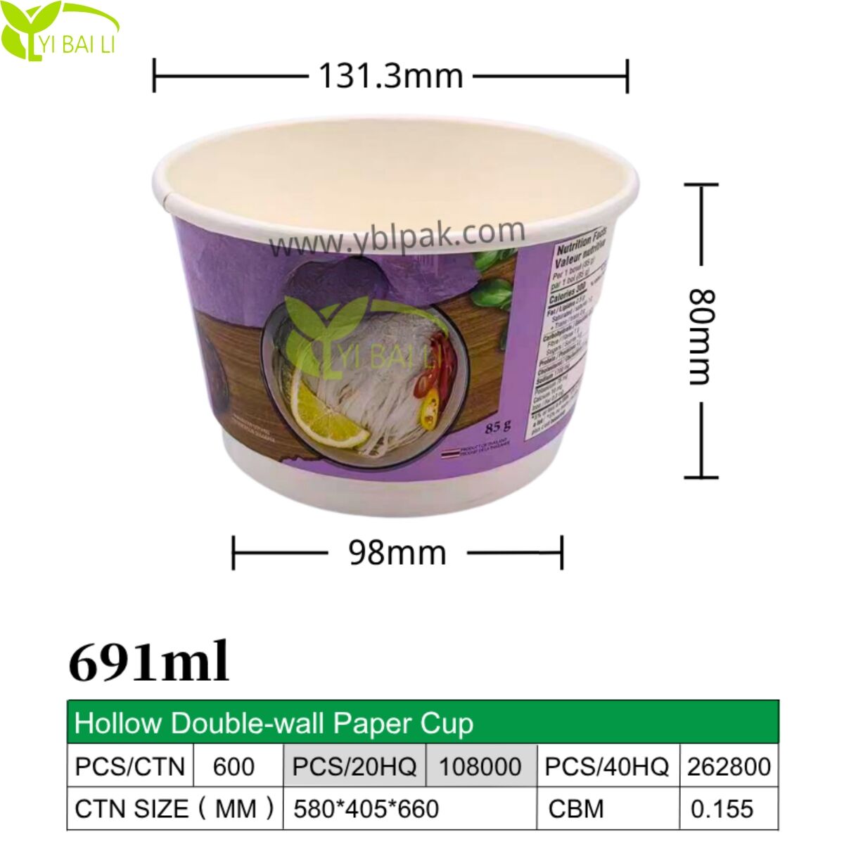 691 ml bulk tilpassede trykte dobbeltvæggede ramen-sæt | forskellige størrelser med varmeslået låg