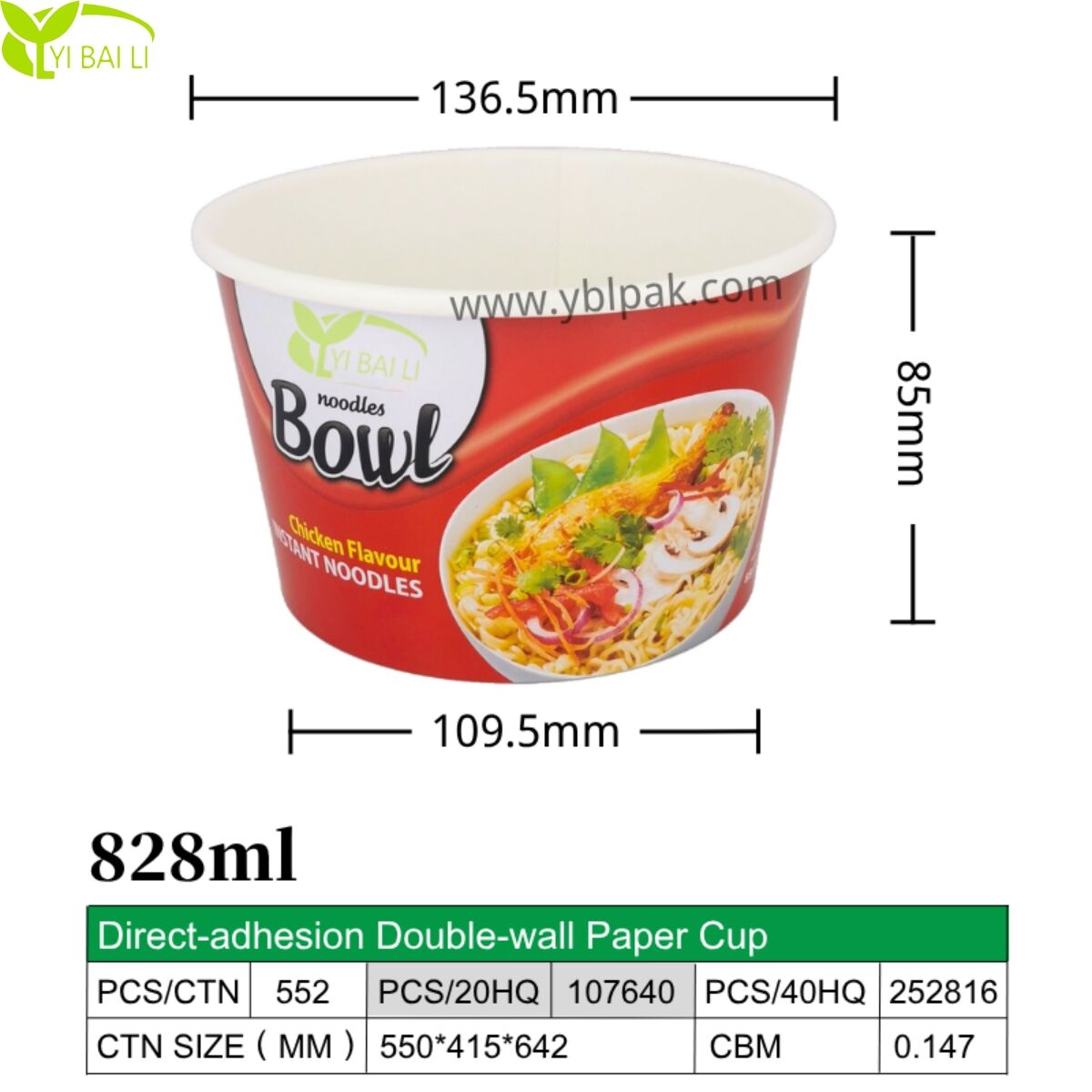 828 ml private label dobbeltvæggede papirsuppebakker | Ramen-bakke med brugerdefineret varmeforseglingstækseltryk