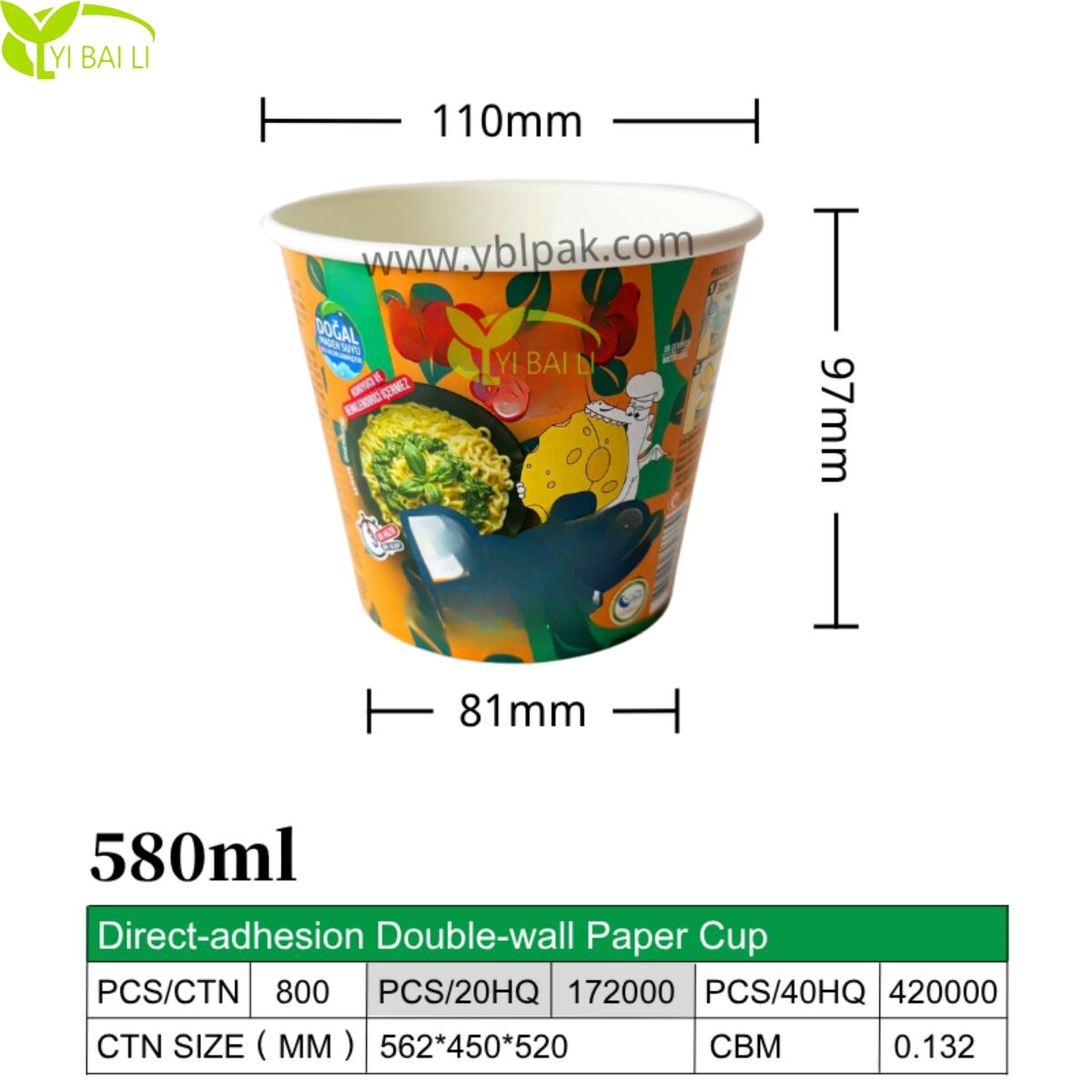 580ml Double Layer Paper Cup For Instant Noodle Ramen With Heat-sealing Paper Lid