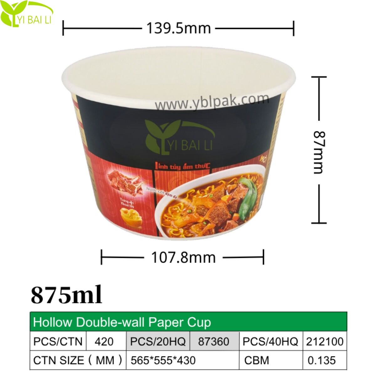 875 ml premium dobbeltvæggede papirbakker til varm ramen | Sikker varmeforseglingsslutning | Vietnamesiske mærkeinstantnudler