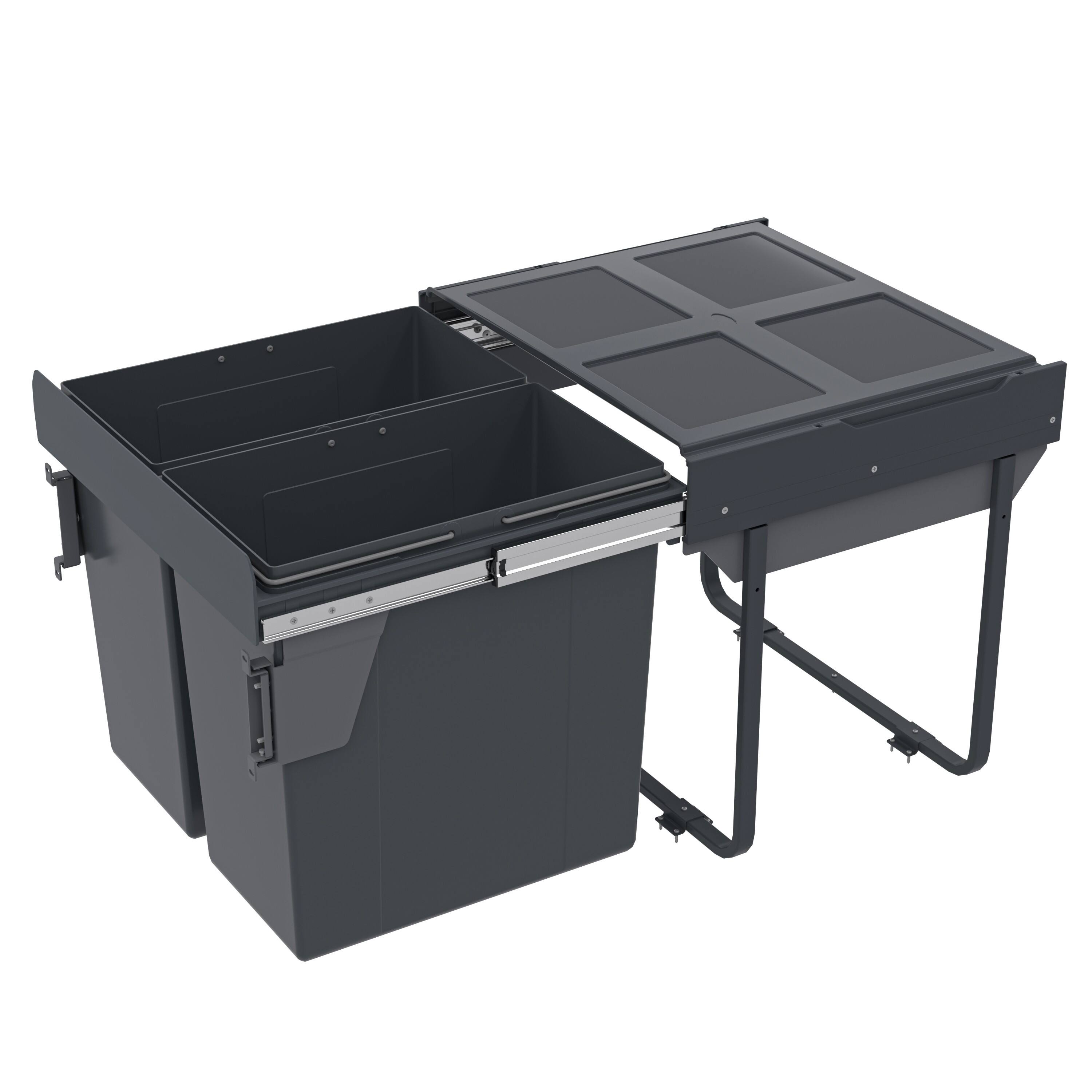 Pull Out Trash Can 90L (2x45L) Grey PP Bins, Soft-Close, Floor Mount, Heavy-Duty