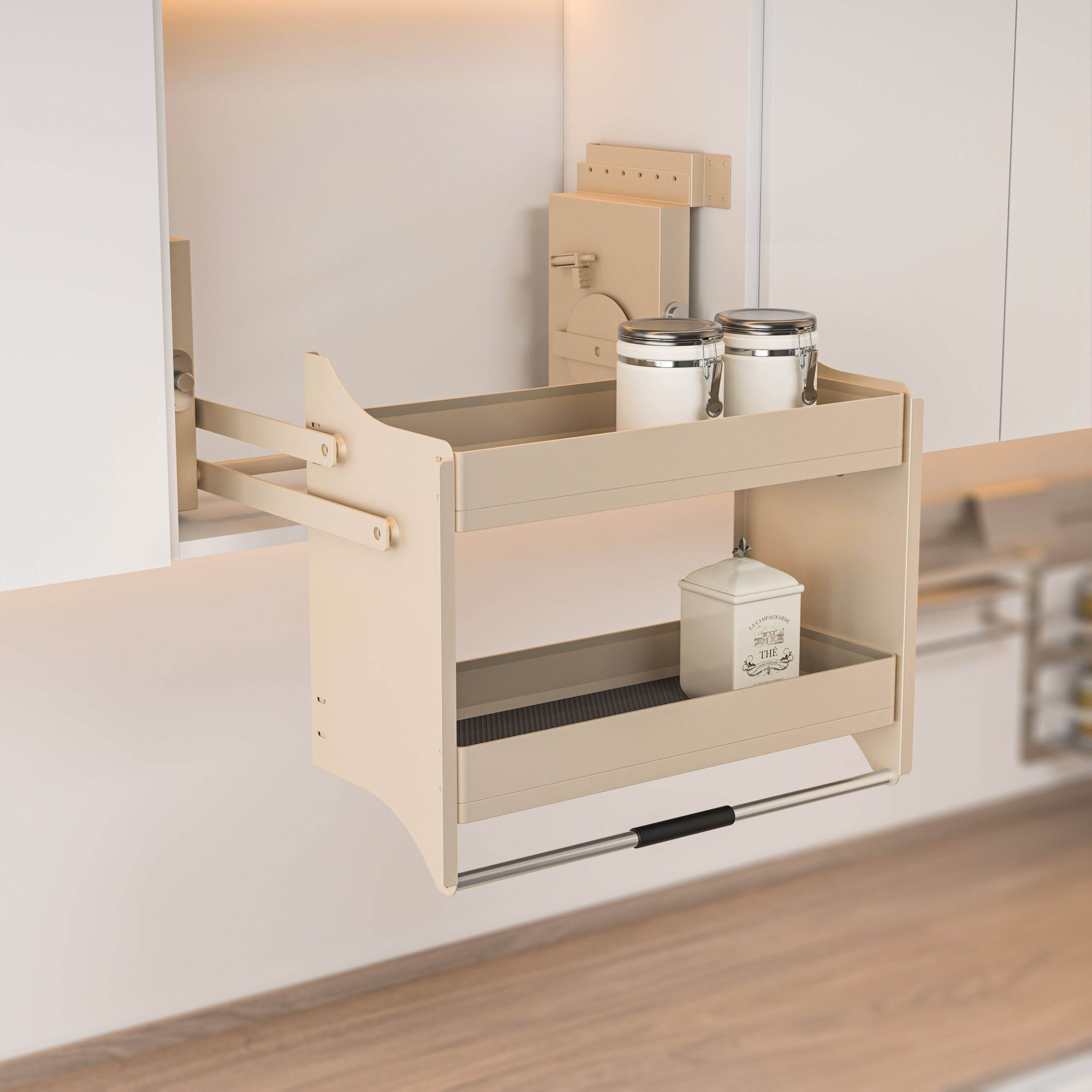 Pull-Down  Basket  with Gas Lift, Wood Base, Side-Mount, 600–900mm Cabinet