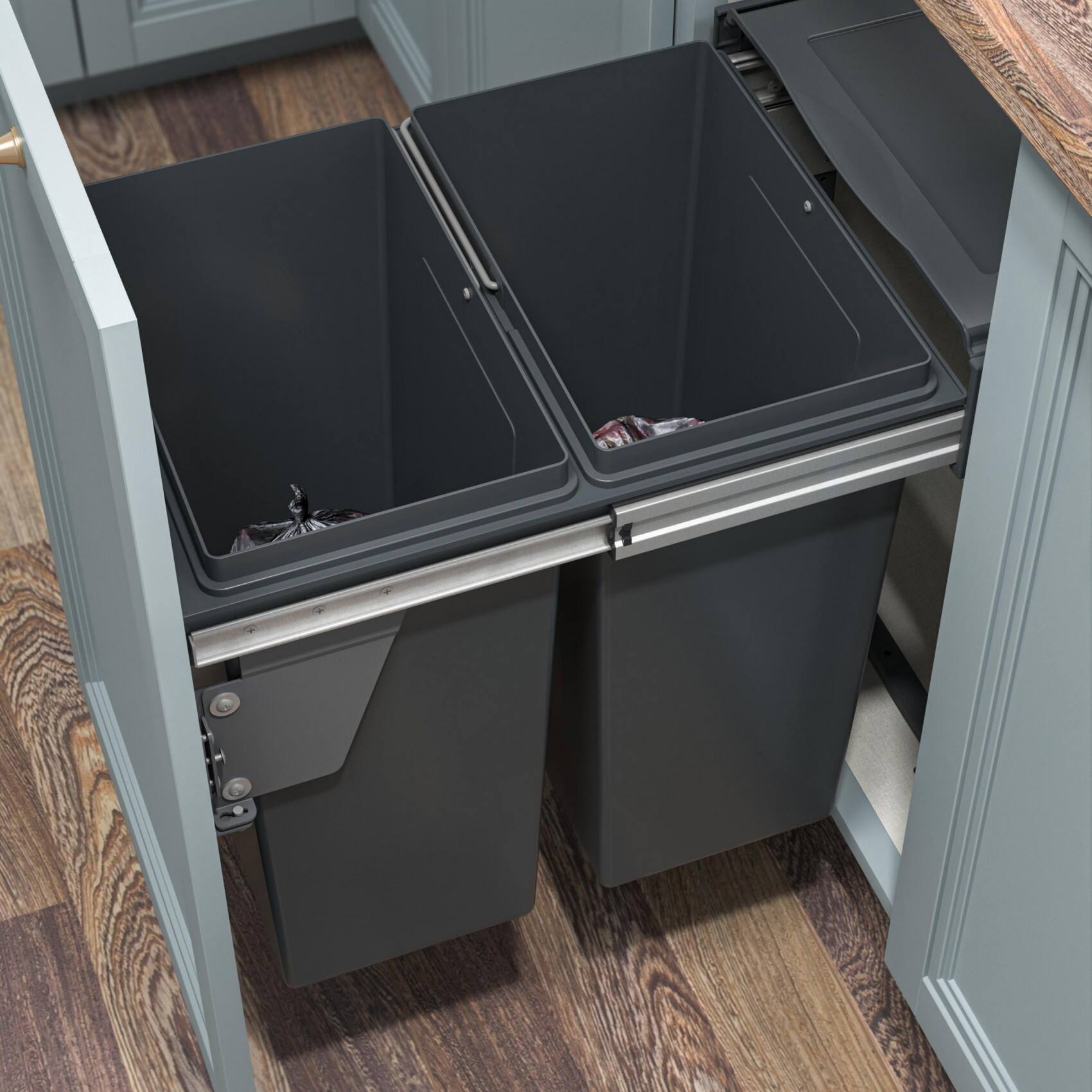 Pull Out Trash Can 30L+30L Grey PP Dual Bin with Soft-Close Runner, Floor-Mount 