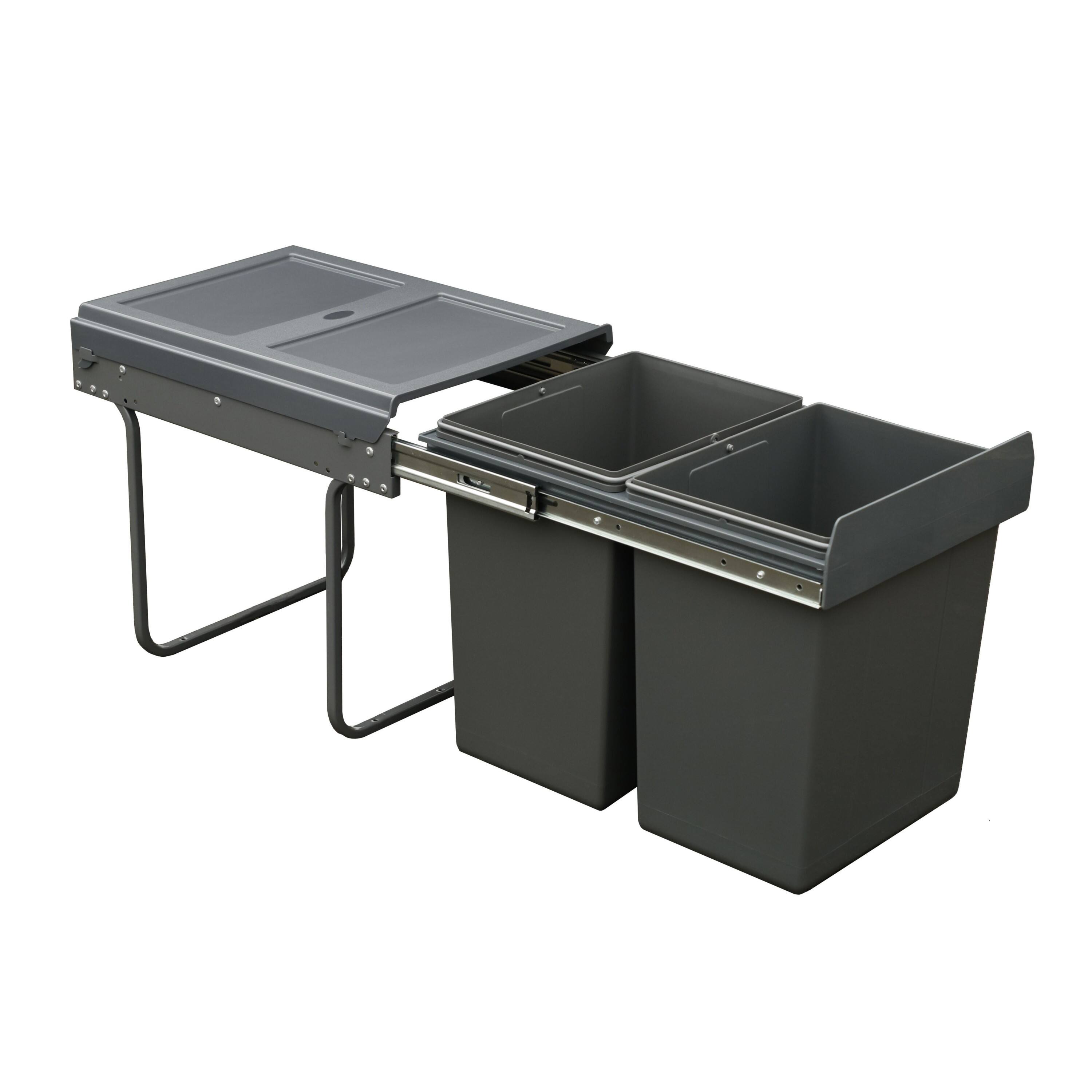 20L+20L Double Grey PP Pull-Out Trash Can with Soft-Close Runner, Floor-Mounted, Odor-Resistant, Easy Clean