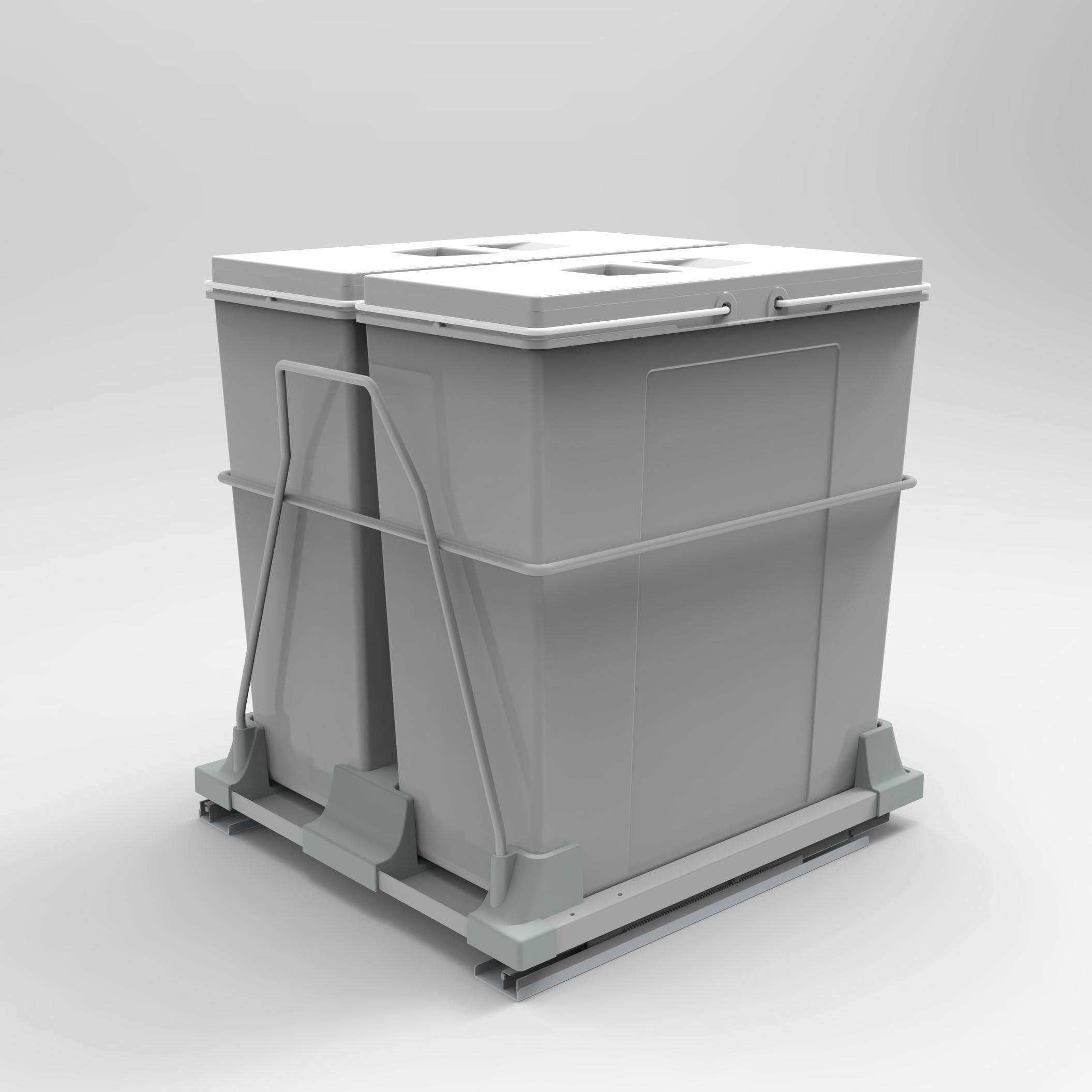 Pull Out Trash Can 34L+34L Grey PP Dual Bin with Concealed Soft-Close Runner