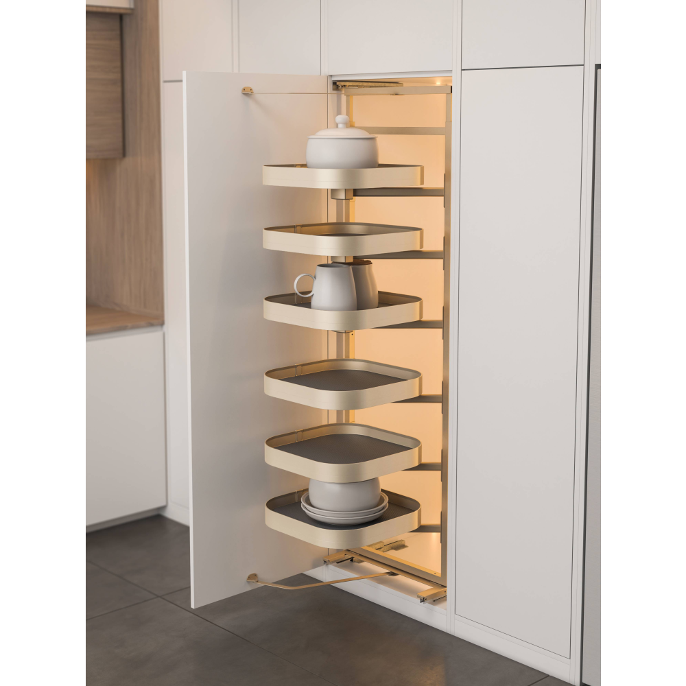 Rotating  Pantry Unit, 4/5-Tier, Aluminum Frame, Wooden Base, 15lb Load