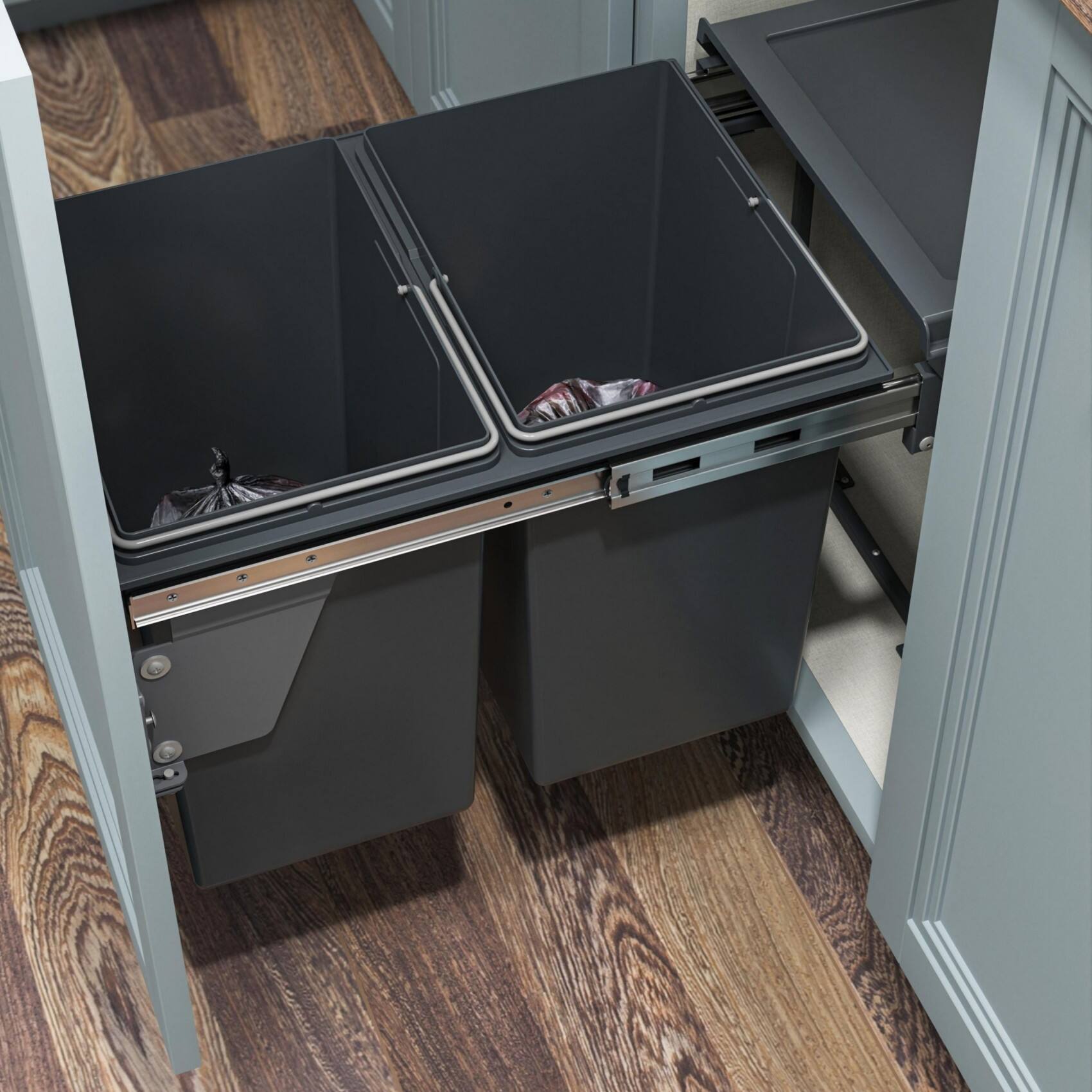 Pull Out Trash Can 17L+17L Grey PP Dual Bin Soft-Close Runner